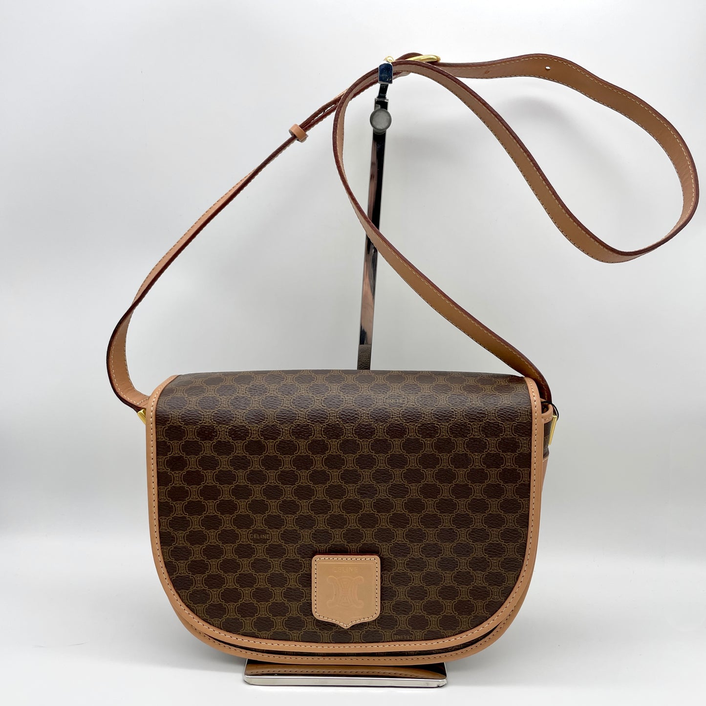 CELINE Macadam Crossbody Shoulder Flap Bag in Brown PVC/Leather