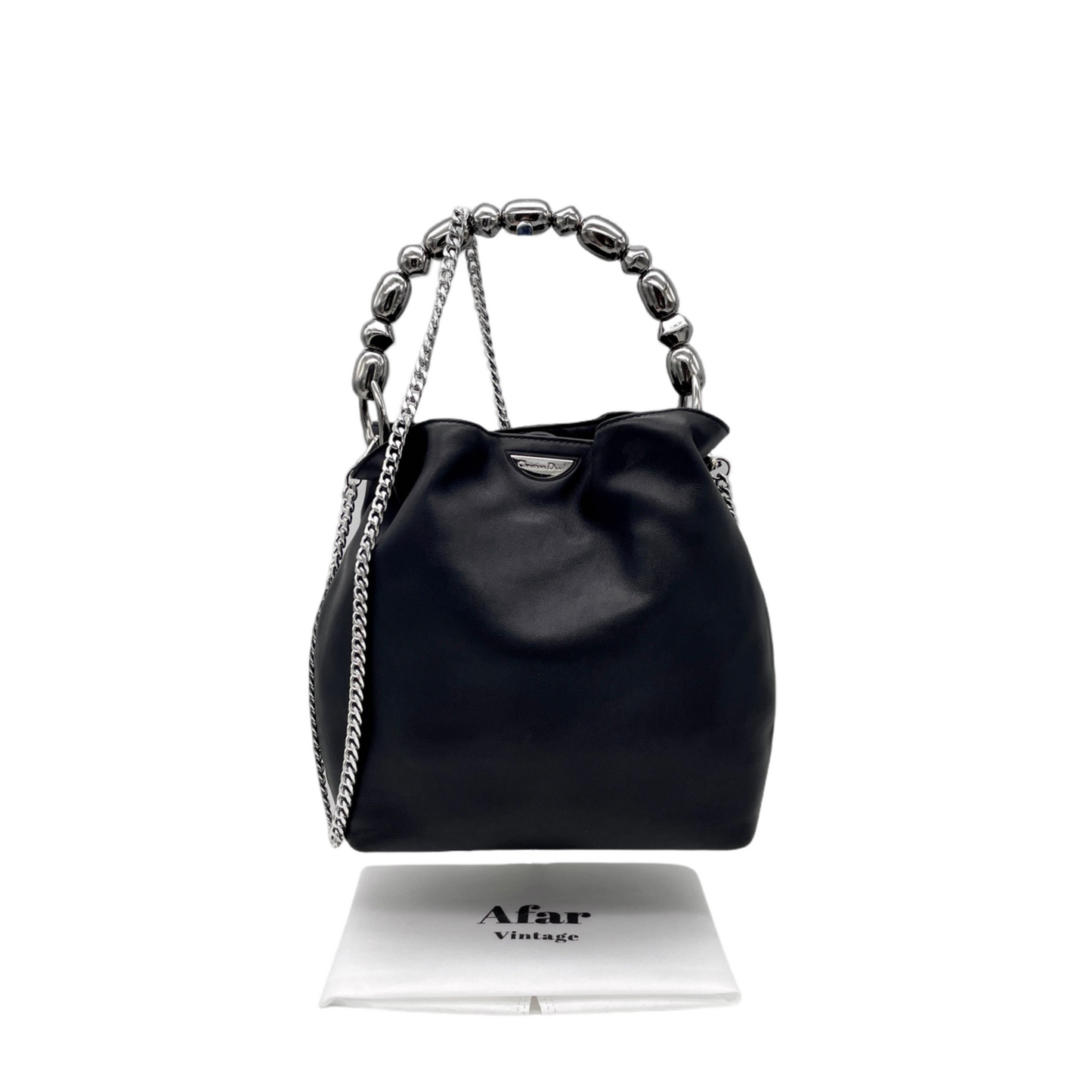 CHRISTIAN DIOR 2000 Preloved Malice Pearl Calf Skin Leather Pearls Handle Hand Bag Black &amp; Silver
