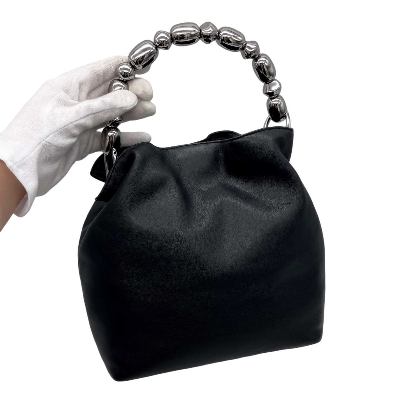 CHRISTIAN DIOR 2000 Preloved Malice Pearl Calf Skin Leather Pearls Handle Hand Bag Black &amp; Silver