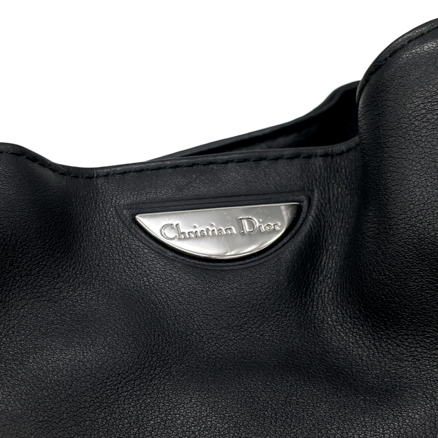 CHRISTIAN DIOR 2000 Preloved Malice Pearl Calf Skin Leather Pearls Handle Hand Bag Black &amp; Silver