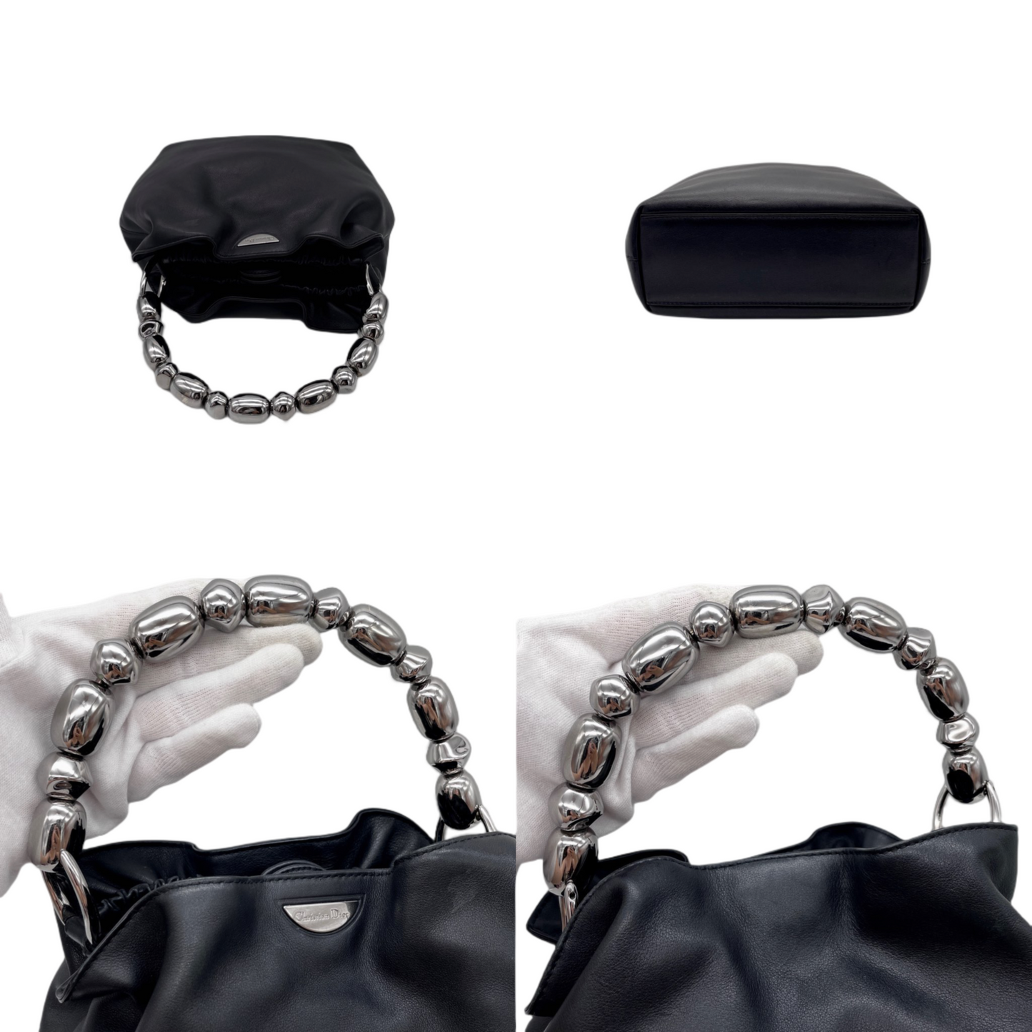 CHRISTIAN DIOR 2000 Preloved Malice Pearl Calf Skin Leather Pearls Handle Hand Bag Black &amp; Silver