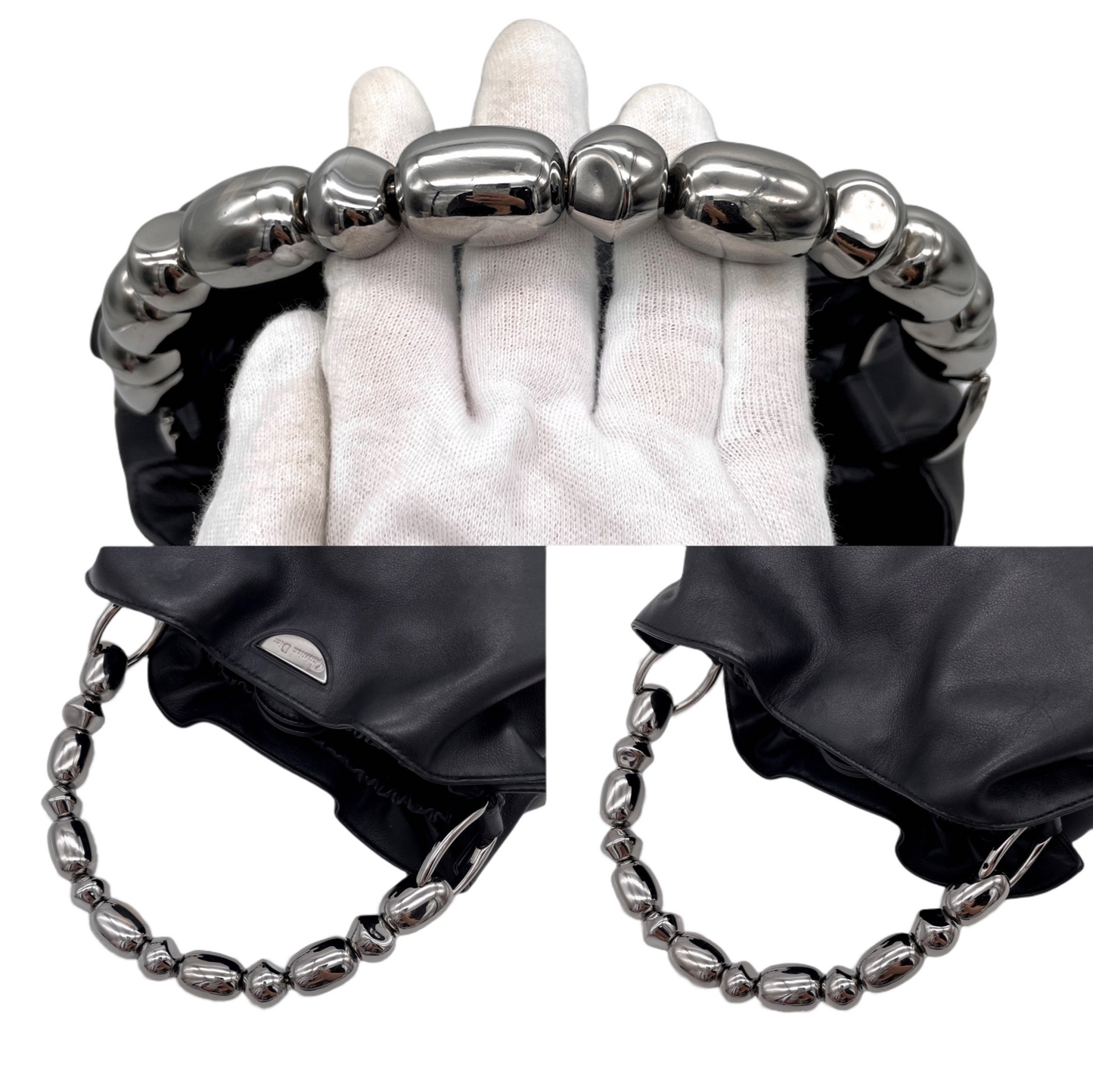 CHRISTIAN DIOR 2000 Preloved Malice Pearl Calf Skin Leather Pearls Handle Hand Bag Black &amp; Silver