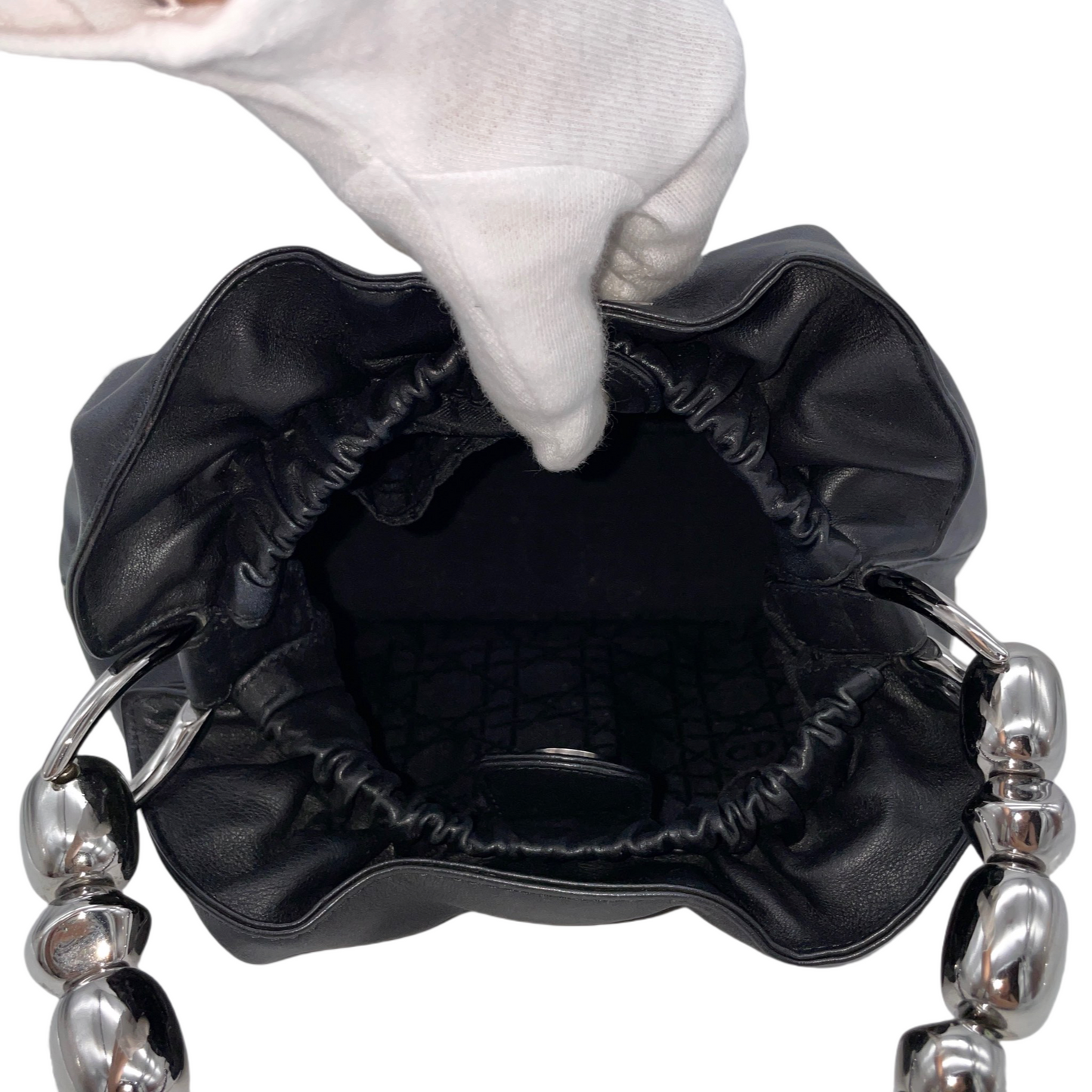 CHRISTIAN DIOR 2000 Preloved Malice Pearl Calf Skin Leather Pearls Handle Hand Bag Black &amp; Silver