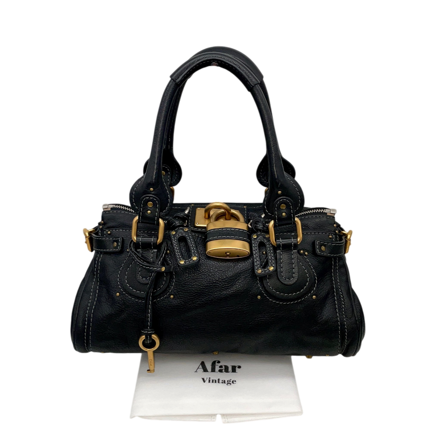 RARE★★★★Chloé Leather Paddington Shoulder Bag Medium Black with Gold Hardware