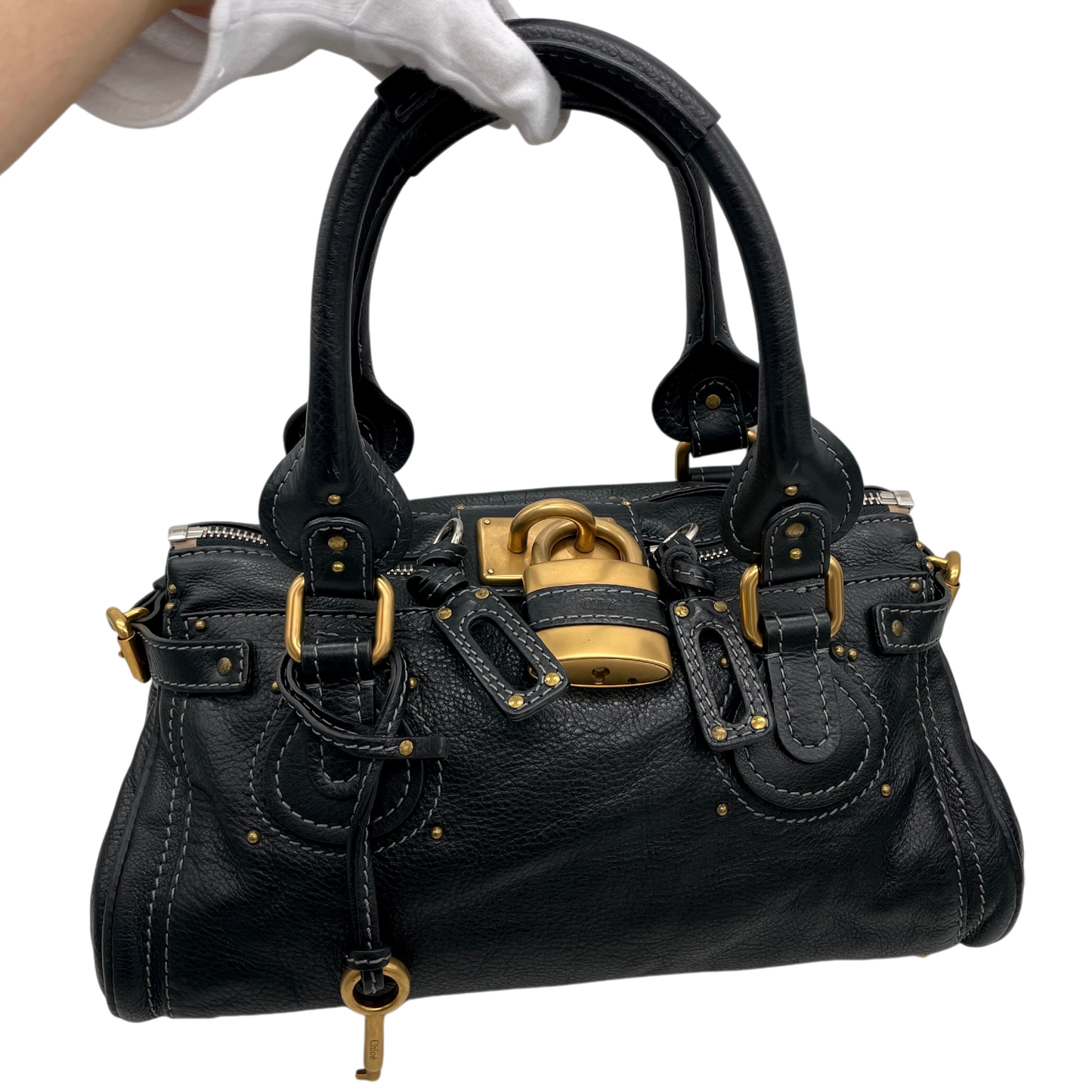 RARE★★★★Chloé Leather Paddington Shoulder Bag Medium Black with Gold Hardware