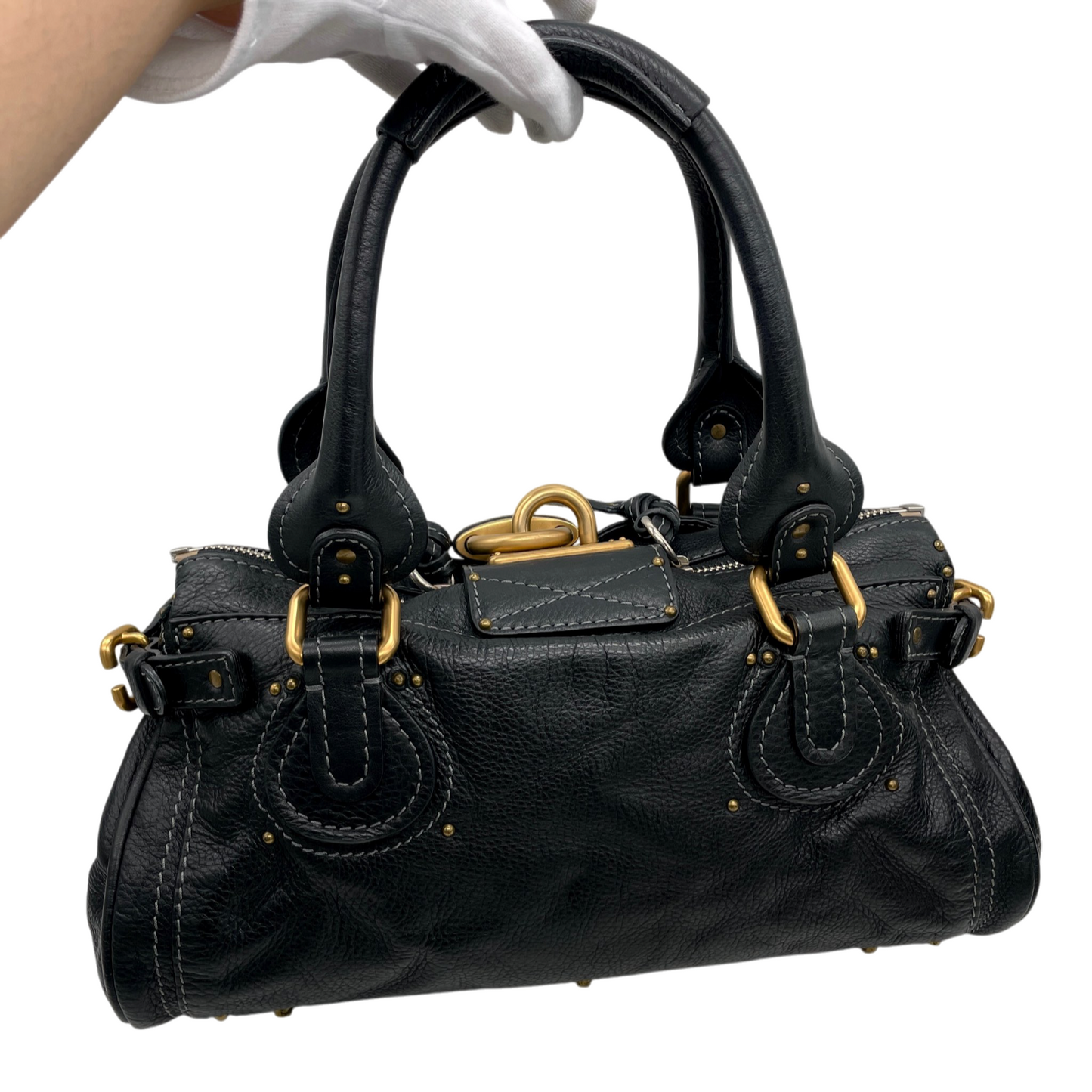 RARE★★★★Chloé Leather Paddington Shoulder Bag Medium Black with Gold Hardware
