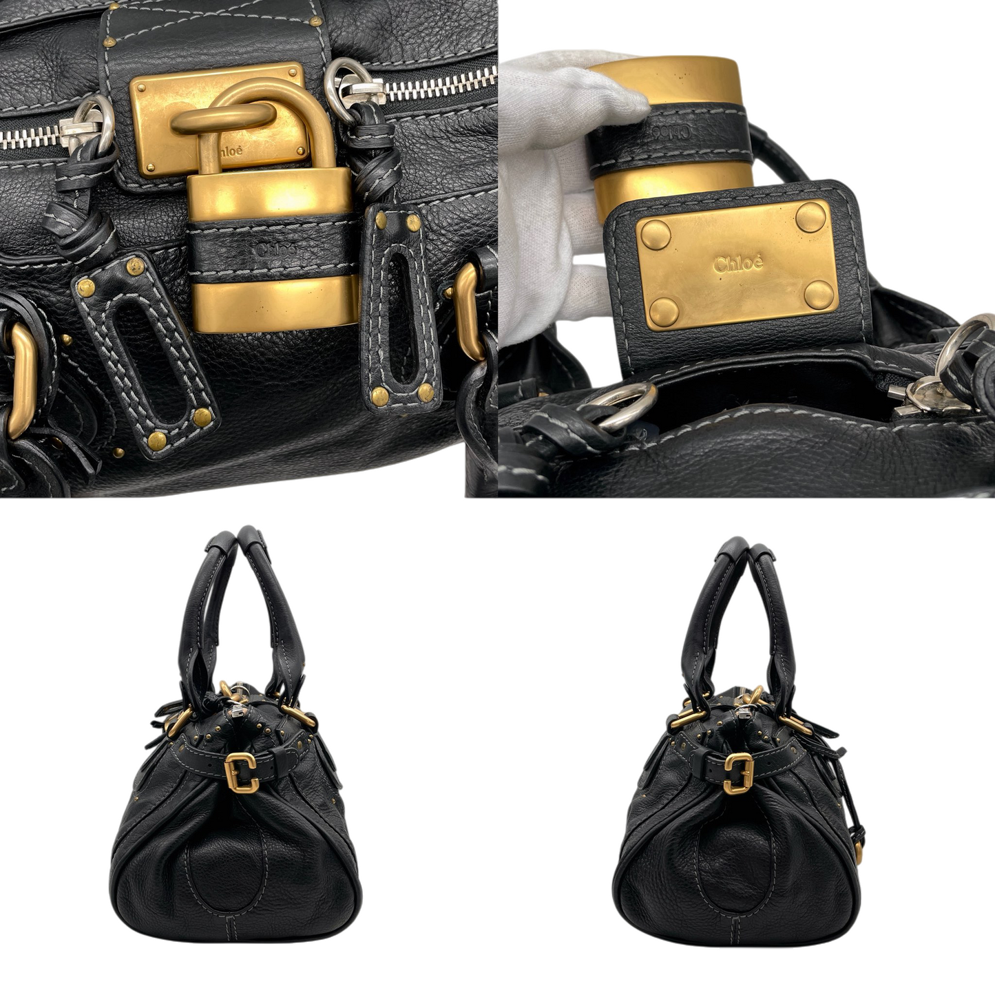 RARE★★★★Chloé Leather Paddington Shoulder Bag Medium Black with Gold Hardware