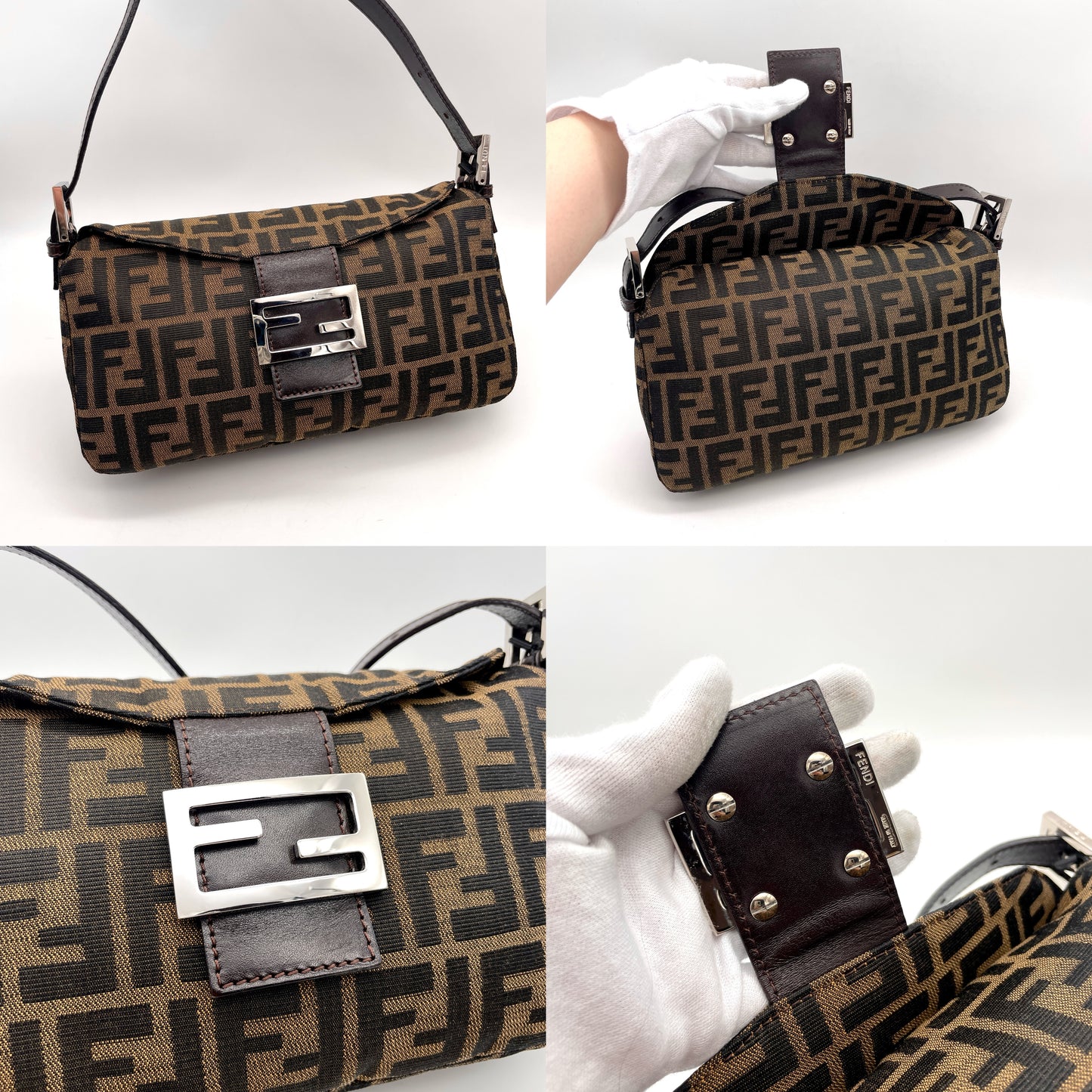 FENDI ZUCCA Yen Flap Mamma Bucket PM Shoulder Bag Brown Canvas Leather