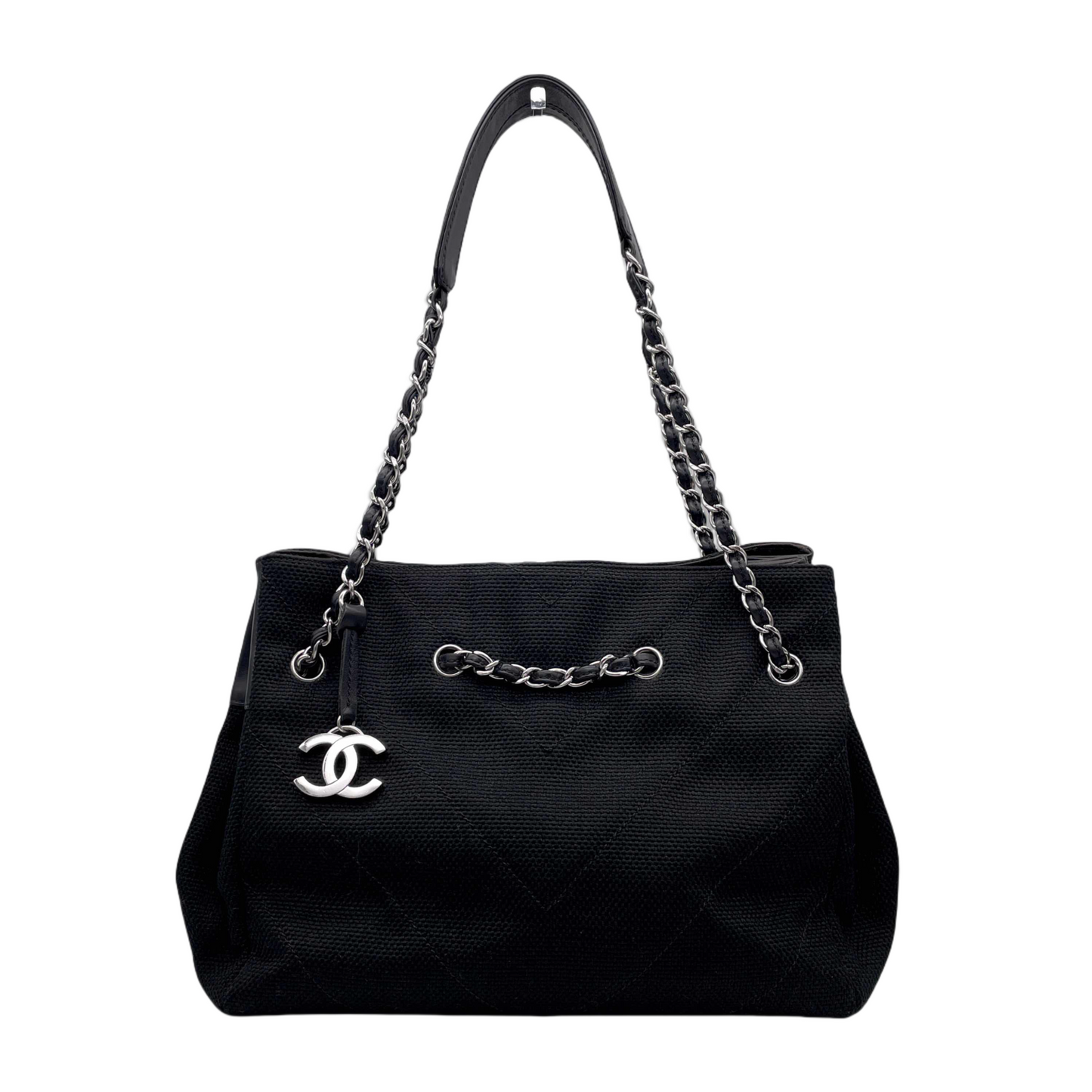 CHANEL V-stitch Coco Mark Canvas Chain Tote Bag