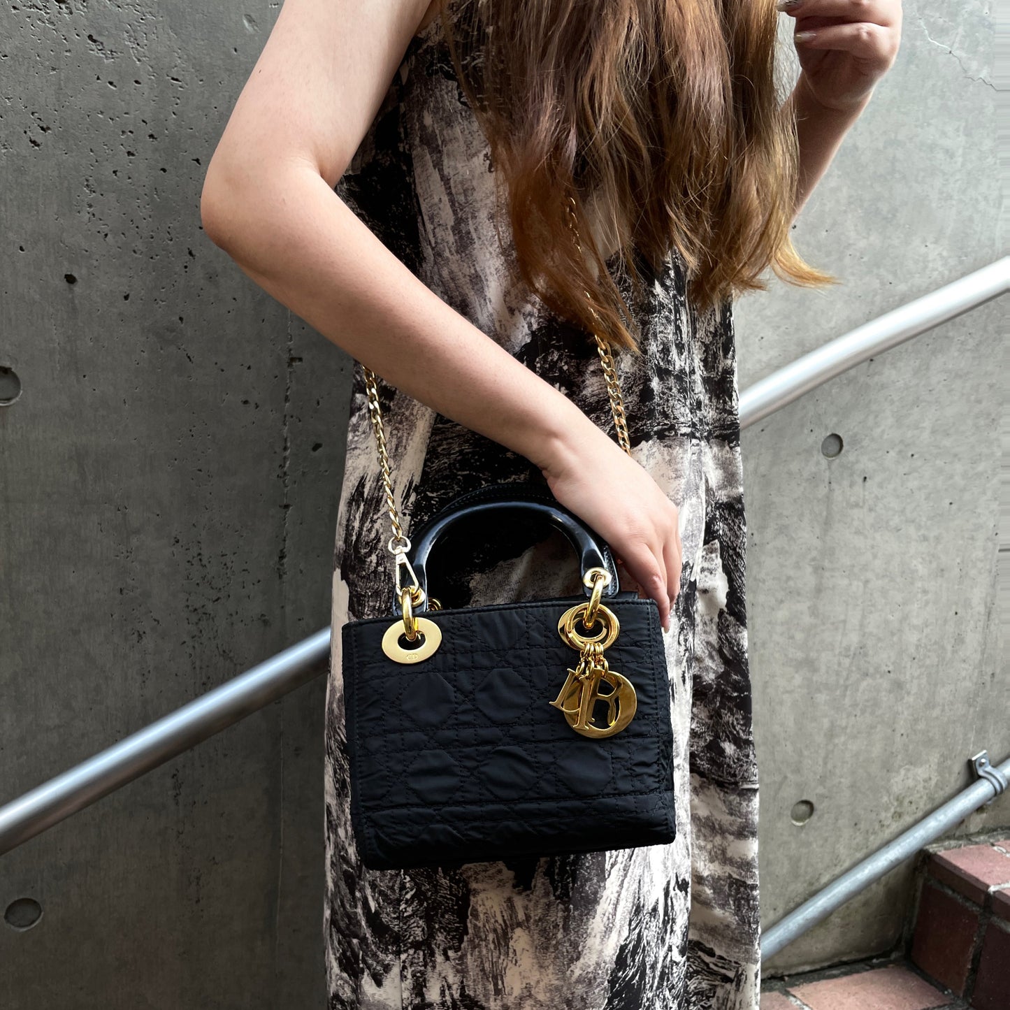 RARE☆☆☆☆CHRISTIAN DIOR Lady Dior Cannage Nylon Tote Hand Bag PM Black &amp; Gold