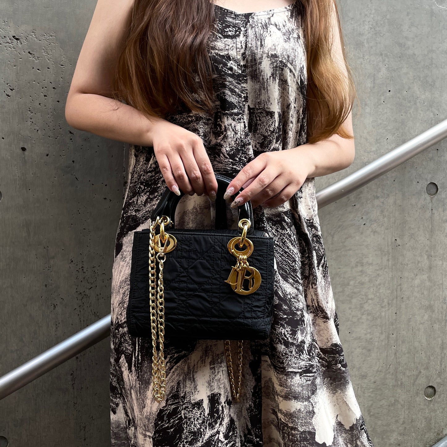 RARE☆☆☆☆CHRISTIAN DIOR Lady Dior Cannage Nylon Tote Hand Bag PM Black &amp; Gold