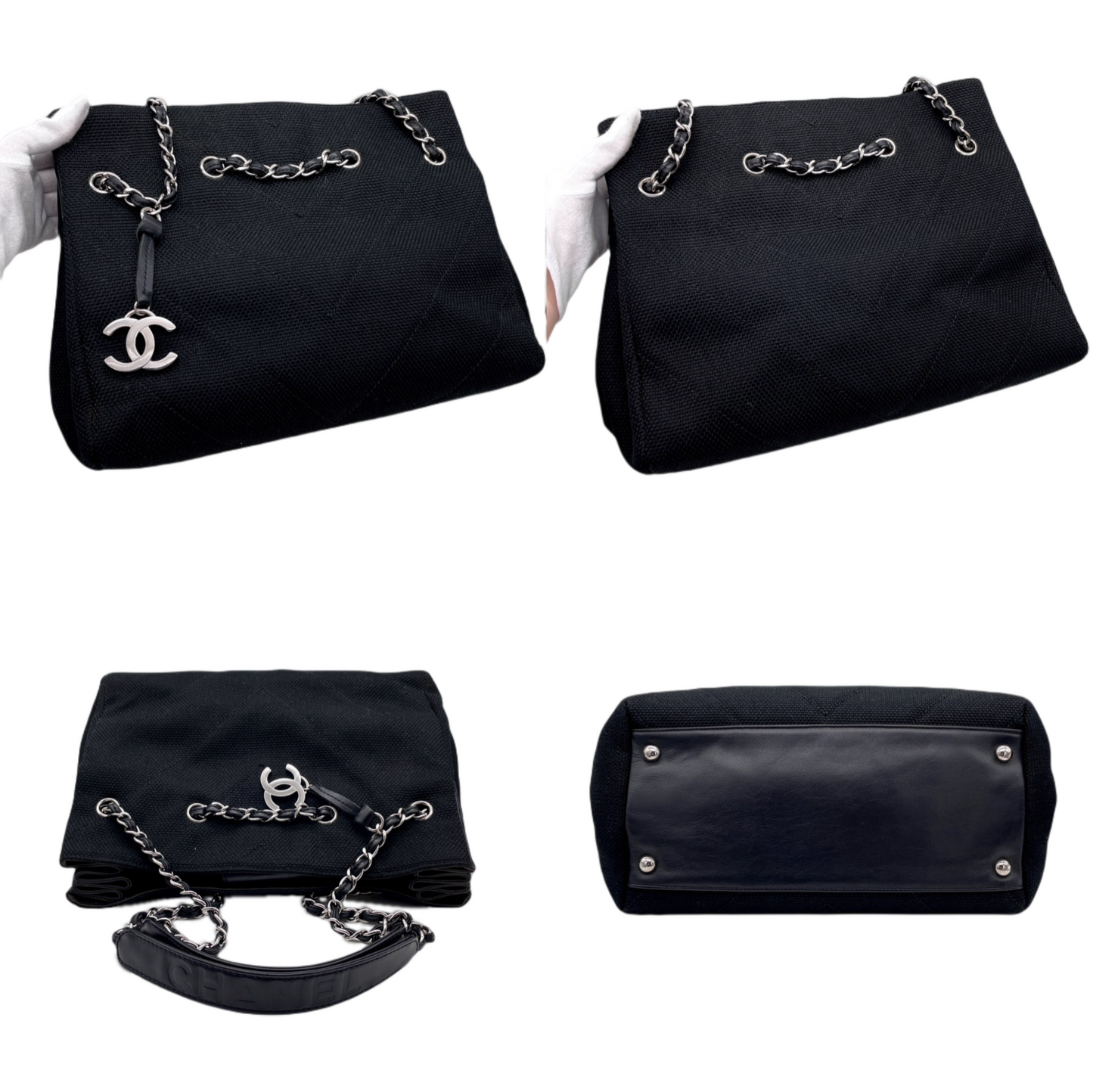 CHANEL V-stitch Coco Mark Canvas Chain Tote Bag