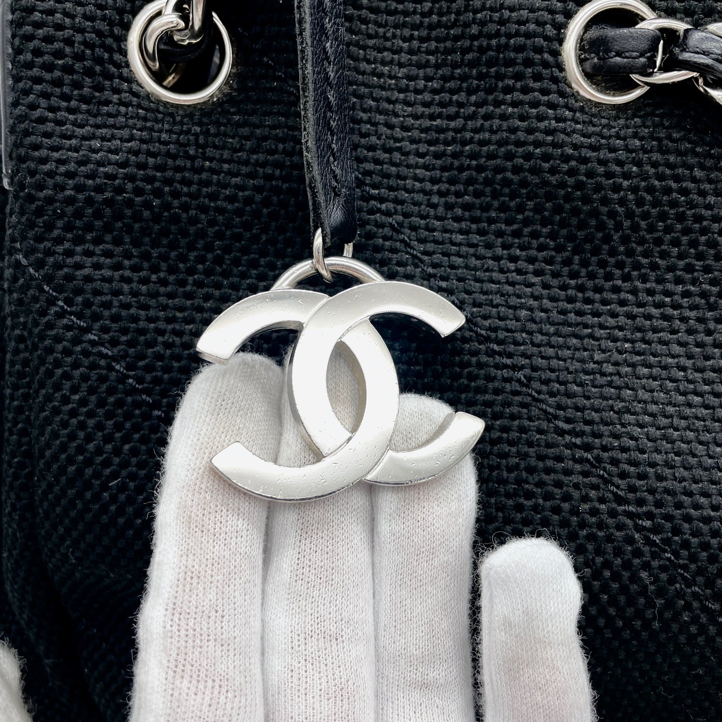 CHANEL V-stitch Coco Mark Canvas Chain Tote Bag