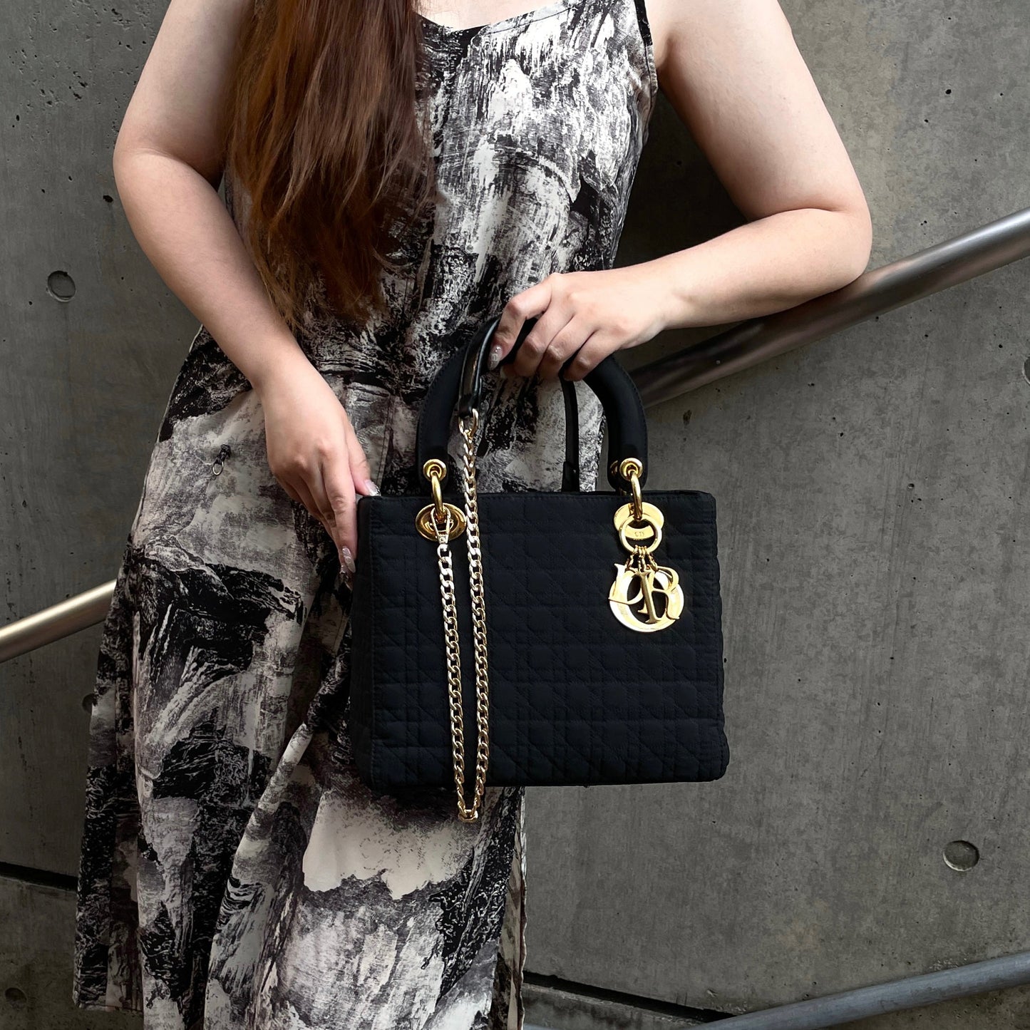 CHRISTIAN DIOR Lady Dior Cannage Nylon Tote Hand Bag MM Black &amp; Gold