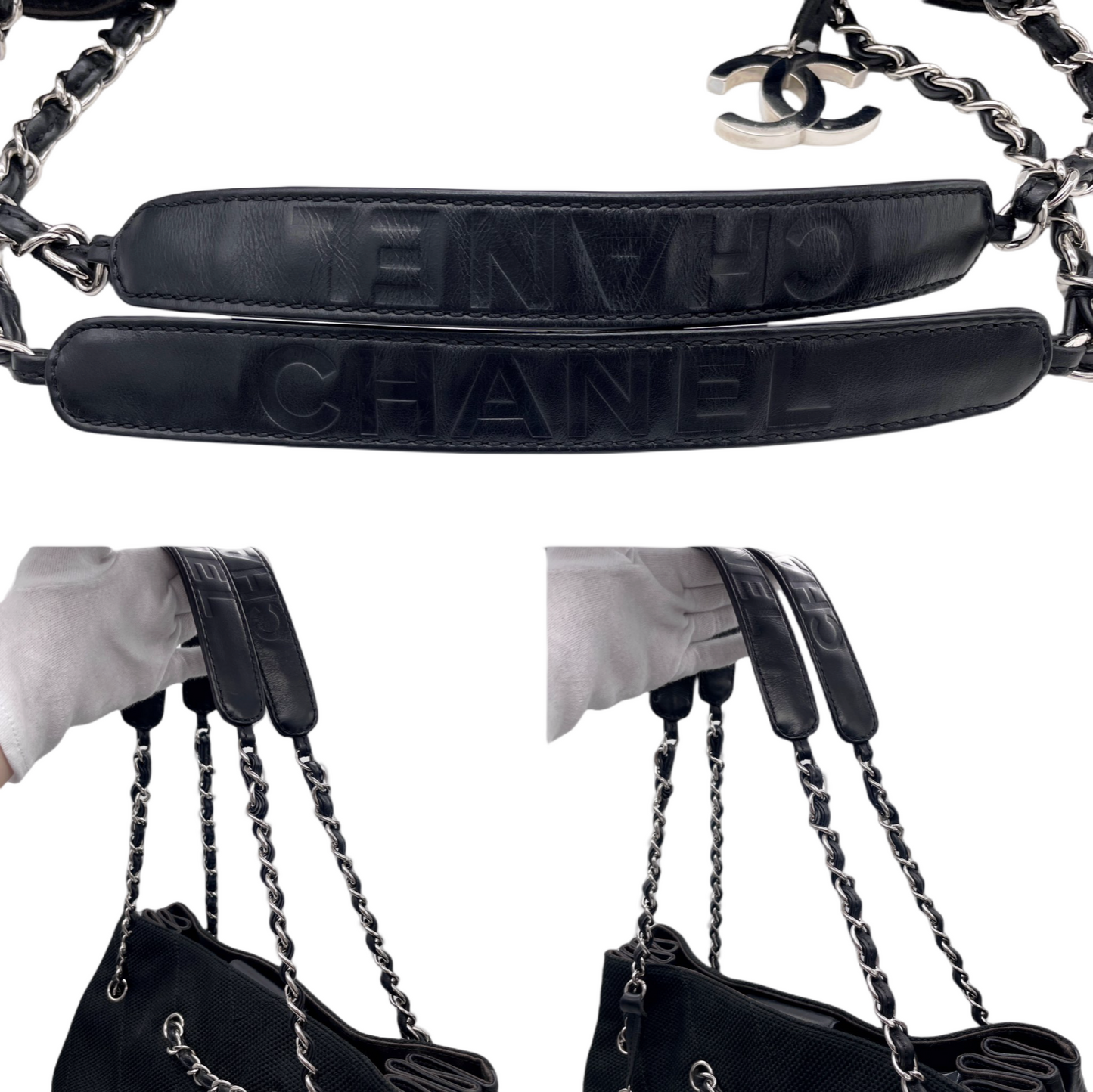 CHANEL V-stitch Coco Mark Canvas Chain Tote Bag