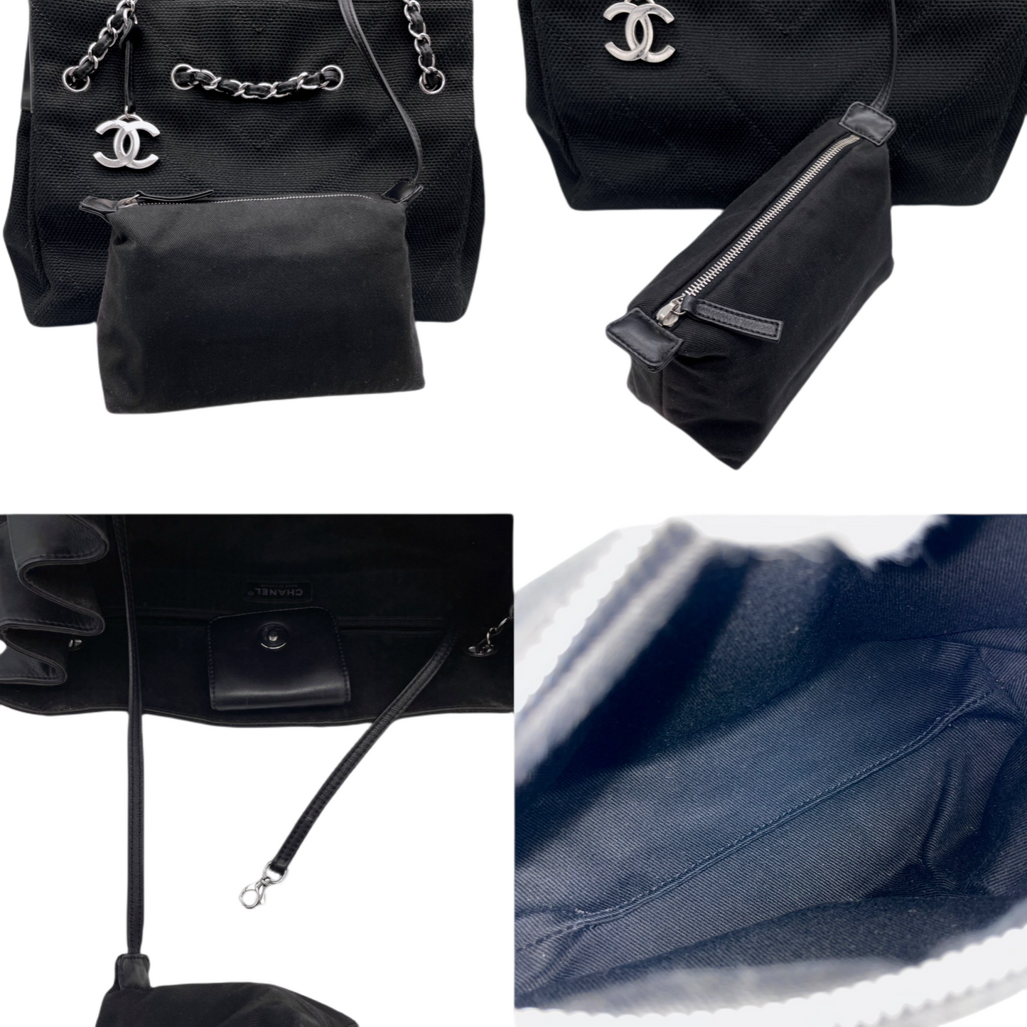 CHANEL V-stitch Coco Mark Canvas Chain Tote Bag