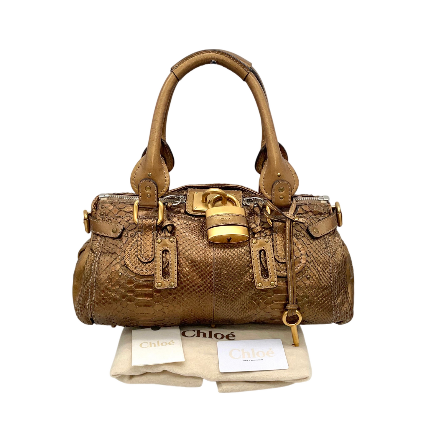 RARE★★★★Chloé 2008 Limited Edition Python and Leather Paddington Shoulder Bag Medium Gold