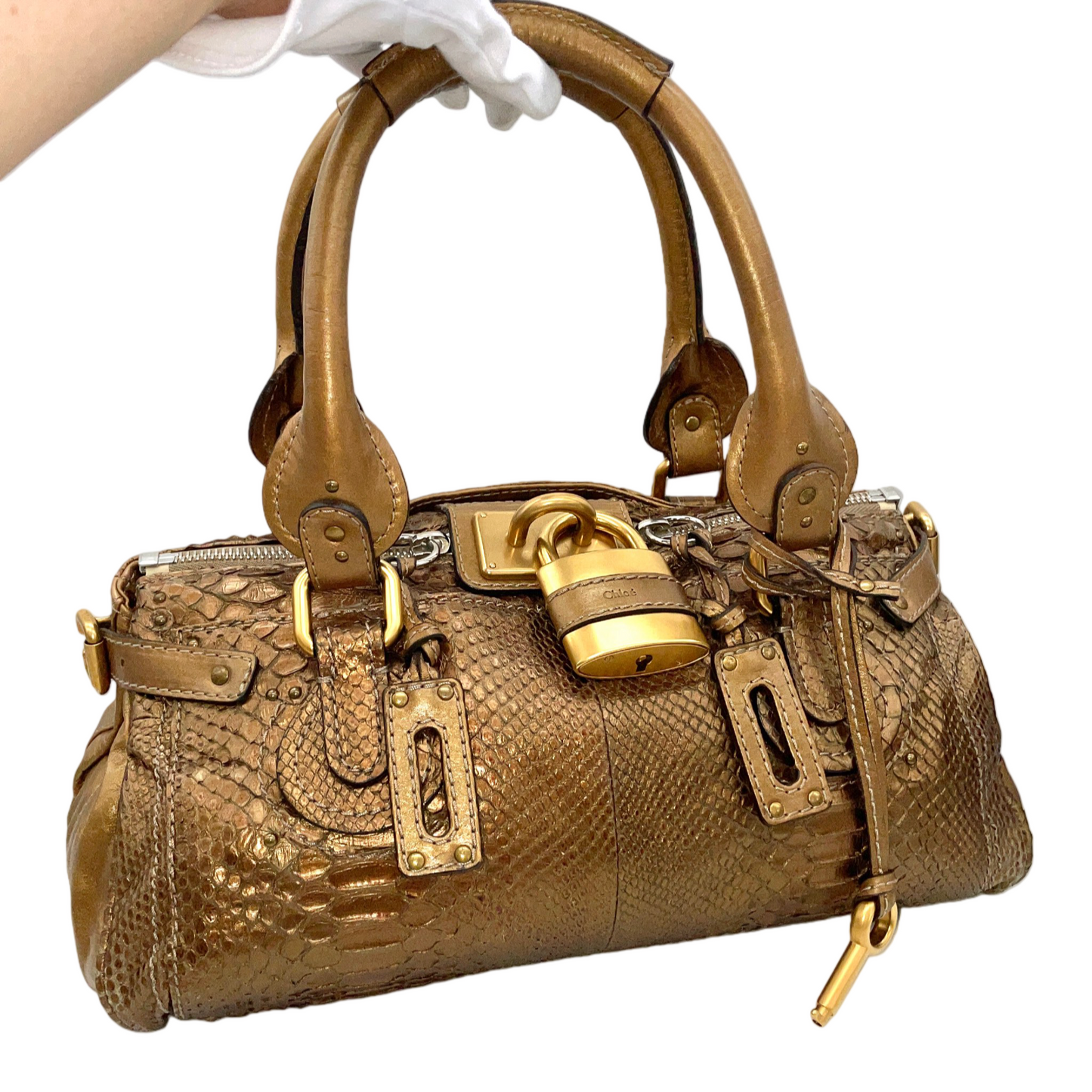 RARE★★★★Chloé 2008 Limited Edition Python and Leather Paddington Shoulder Bag Medium Gold
