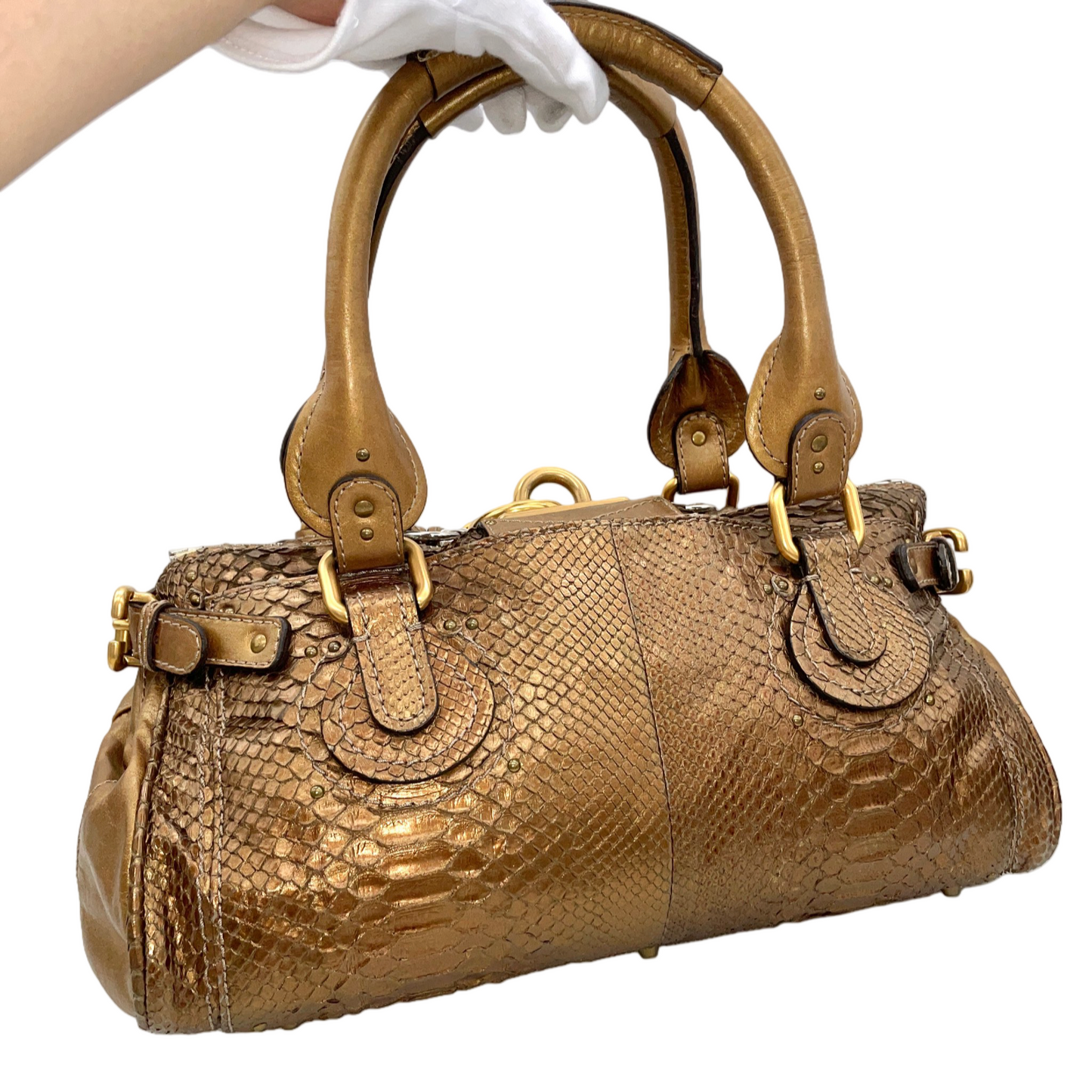 RARE★★★★Chloé 2008 Limited Edition Python and Leather Paddington Shoulder Bag Medium Gold