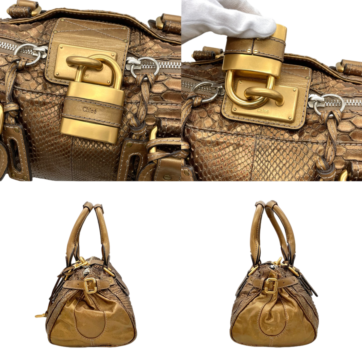 RARE★★★★Chloé 2008 Limited Edition Python and Leather Paddington Shoulder Bag Medium Gold
