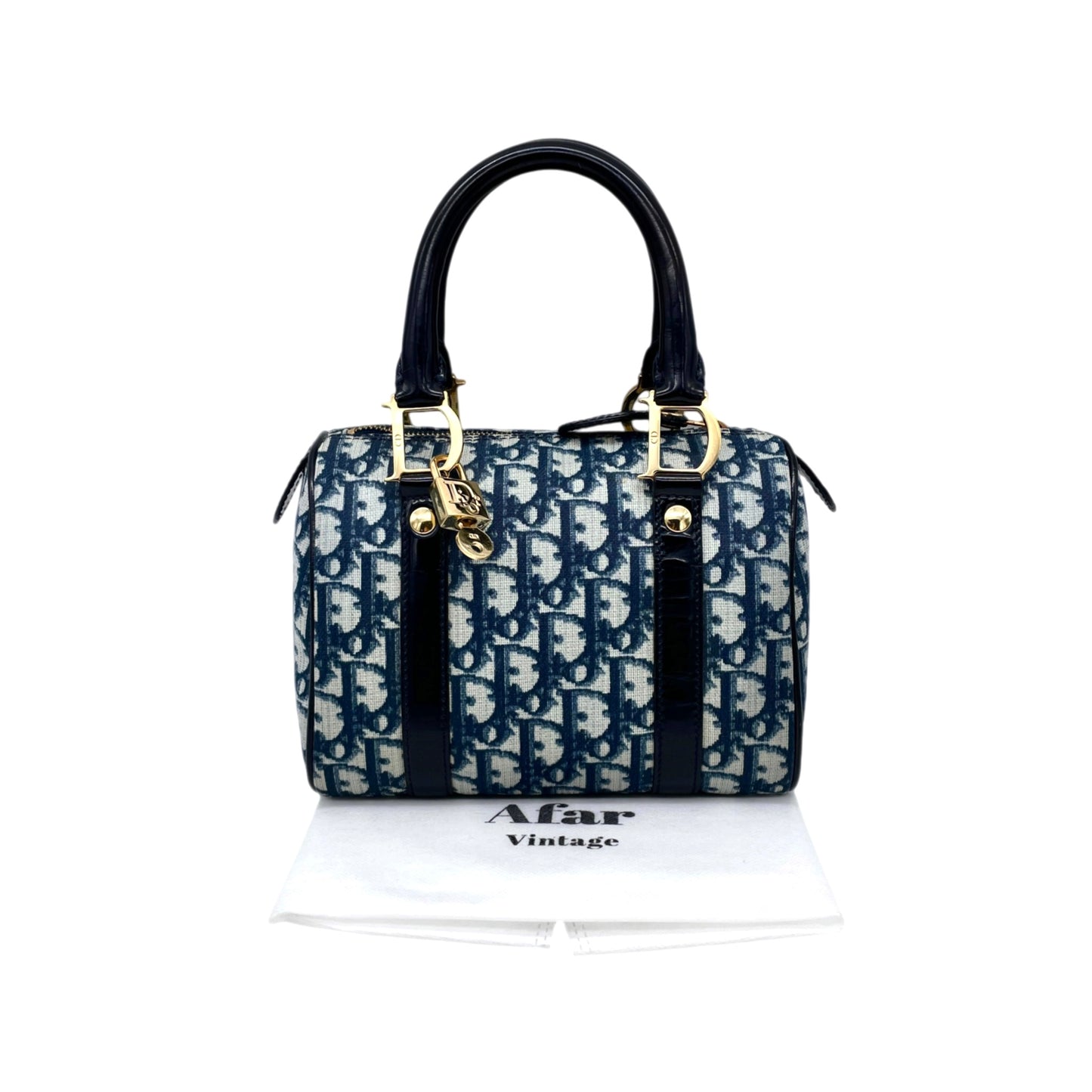 RARE☆☆☆CHRISTIAN DIOR 2002 Trotter PVC Mini Boston Hand Bag 20 cm Navy & Gold