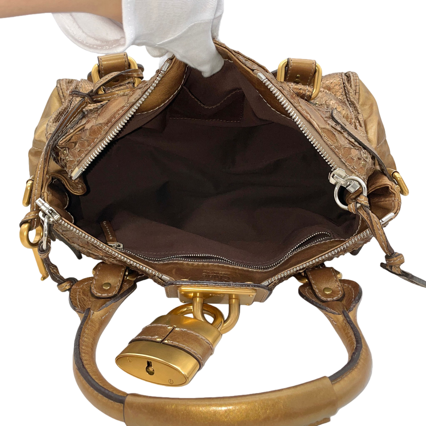 RARE★★★★Chloé 2008 Limited Edition Python and Leather Paddington Shoulder Bag Medium Gold