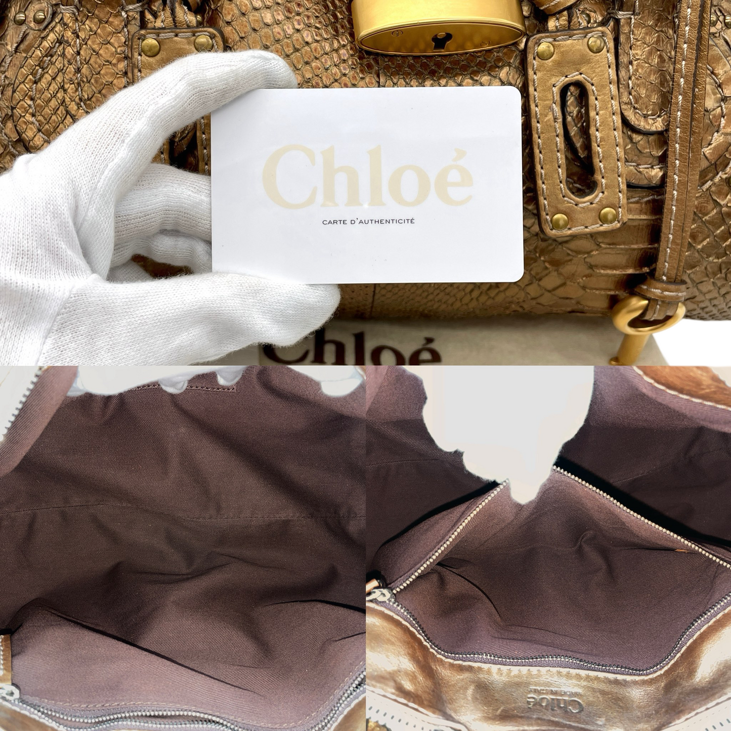 RARE★★★★Chloé 2008 Limited Edition Python and Leather Paddington Shoulder Bag Medium Gold