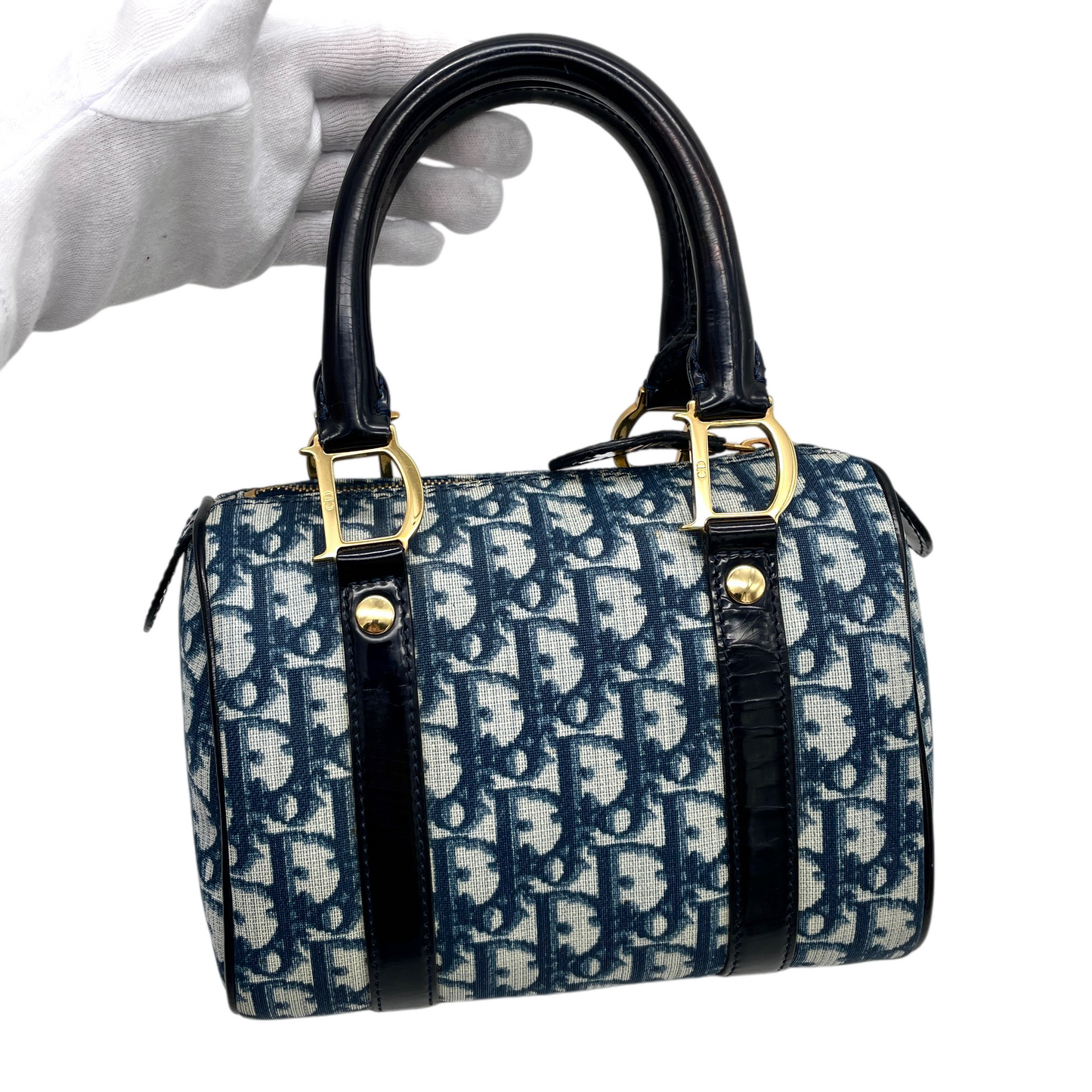 RARE☆☆☆CHRISTIAN DIOR 2002 Trotter PVC Mini Boston Hand Bag 20 cm Navy & Gold