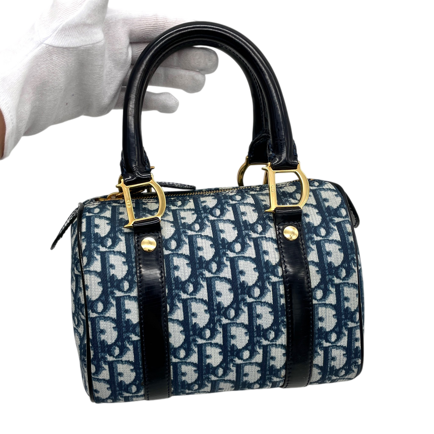 RARE☆☆☆CHRISTIAN DIOR 2002 Trotter PVC Mini Boston Hand Bag 20 cm Navy & Gold