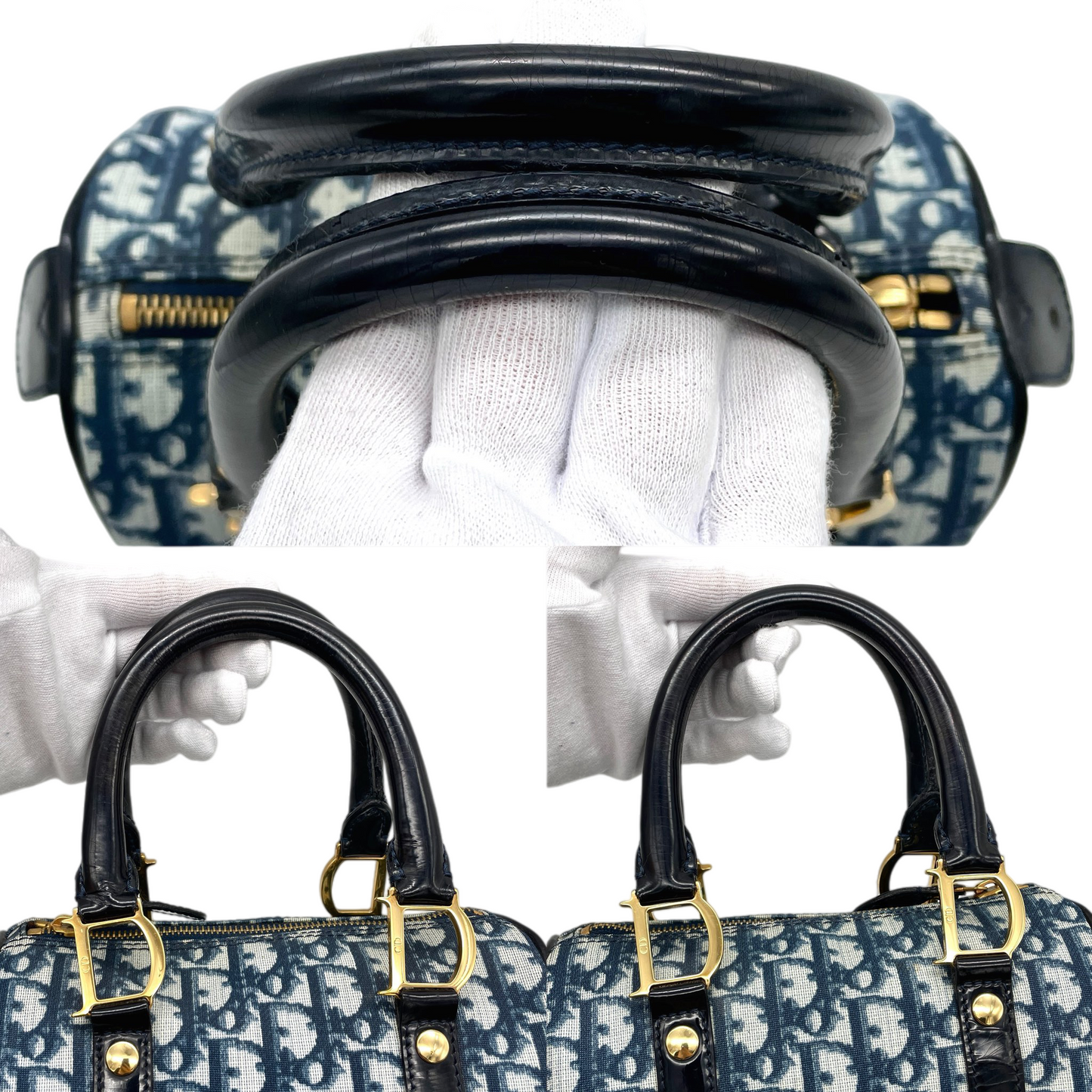 RARE☆☆☆CHRISTIAN DIOR 2002 Trotter PVC Mini Boston Hand Bag 20 cm Navy & Gold