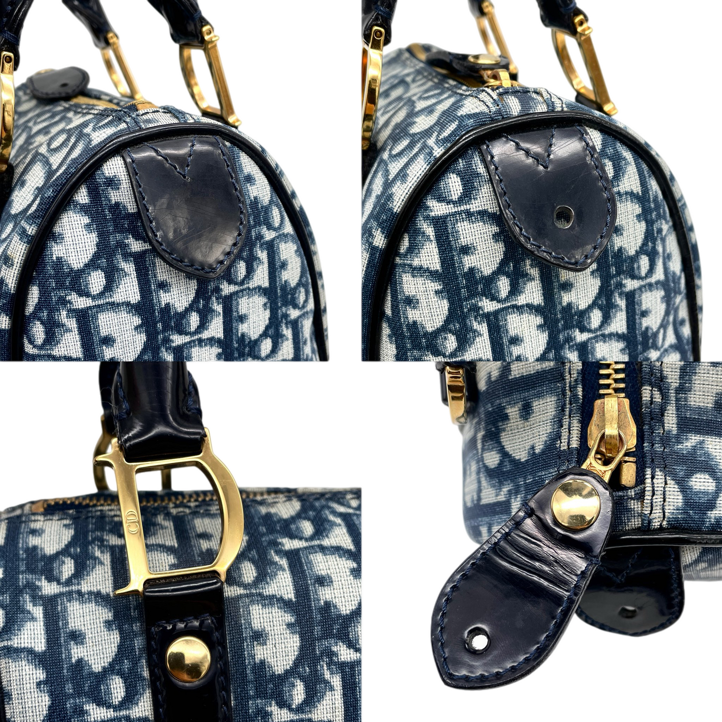 RARE☆☆☆CHRISTIAN DIOR 2002 Trotter PVC Mini Boston Hand Bag 20 cm Navy & Gold