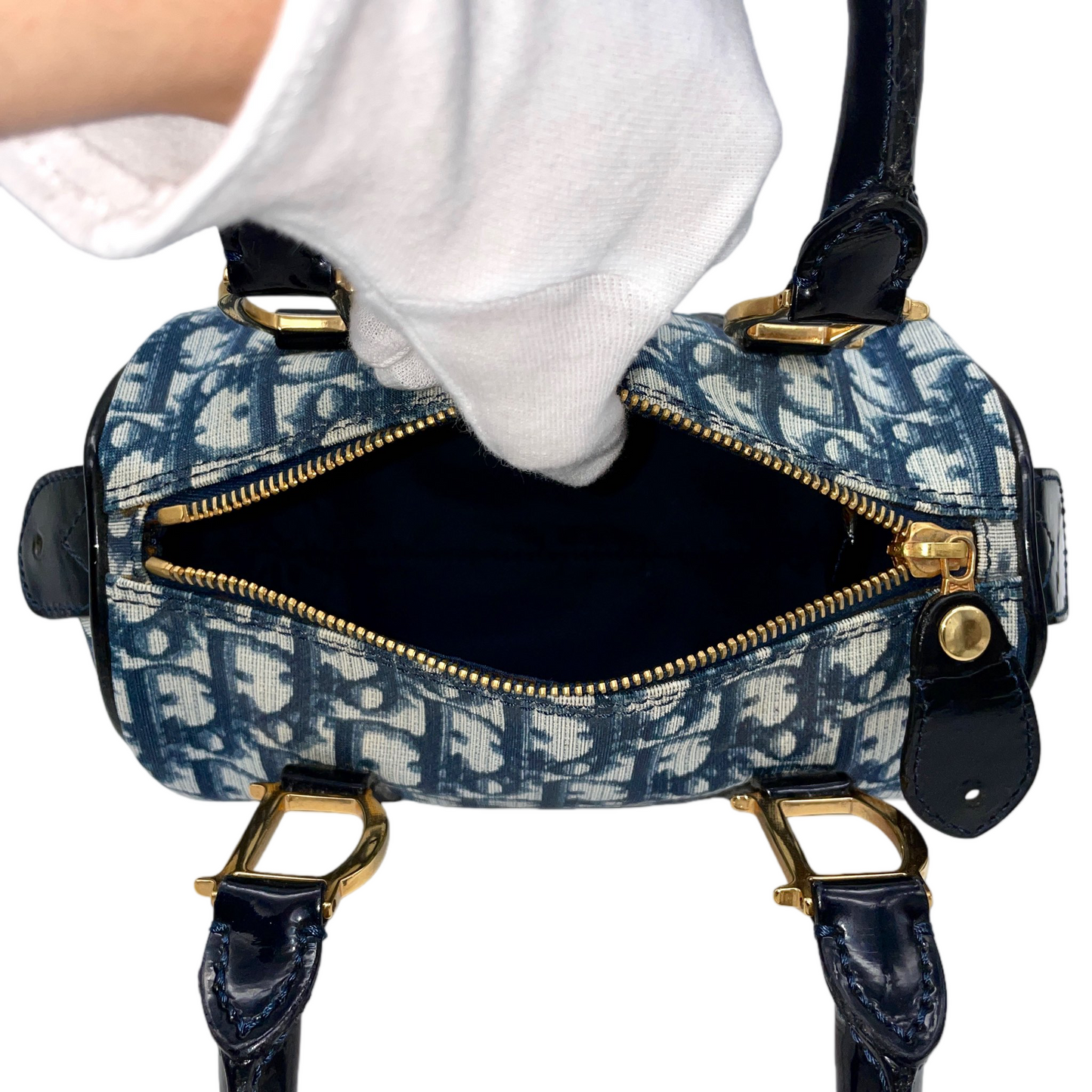 RARE☆☆☆CHRISTIAN DIOR 2002 Trotter PVC Mini Boston Hand Bag 20 cm Navy & Gold