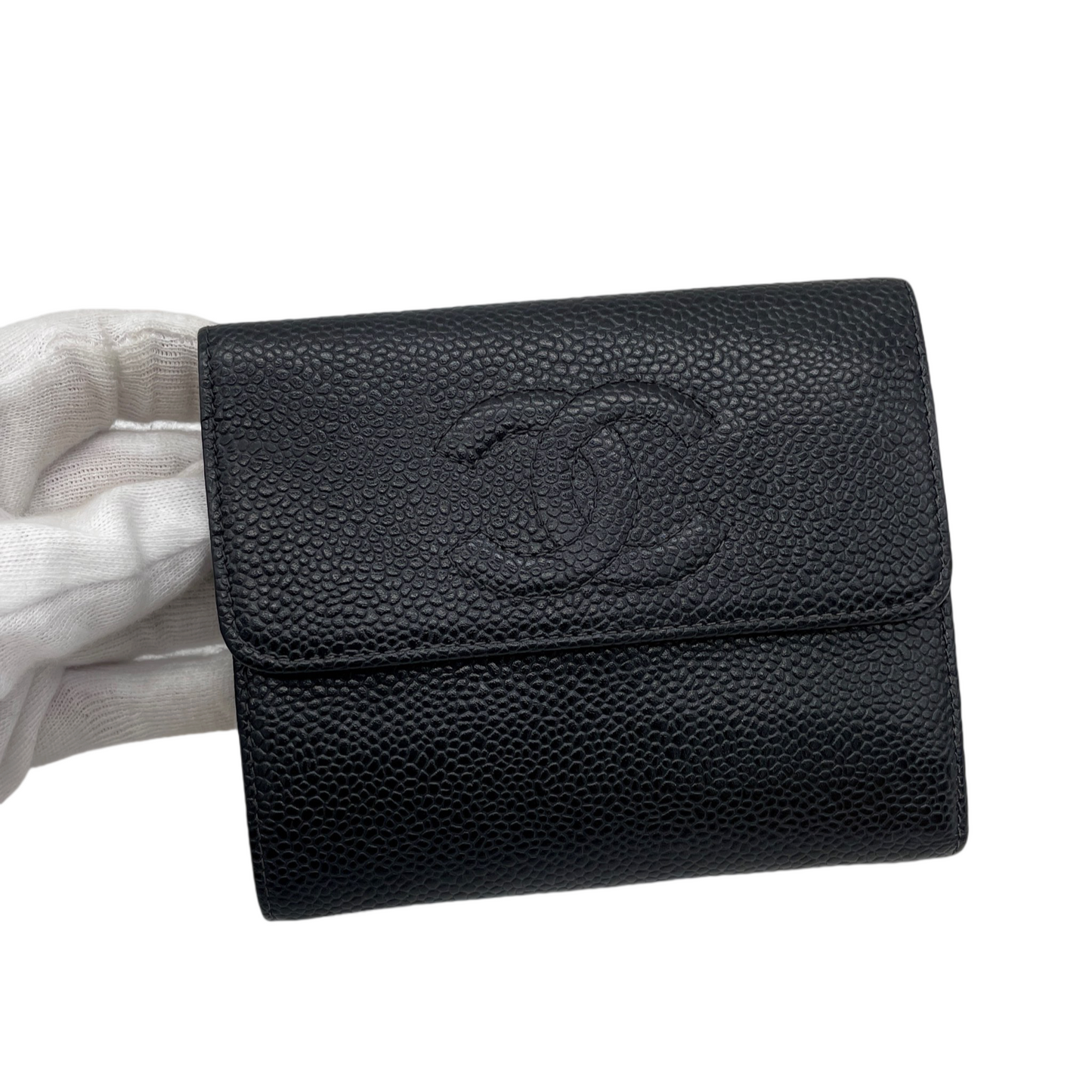 CHANEL CC LOGO Caviar Skin Leather Wallet Black