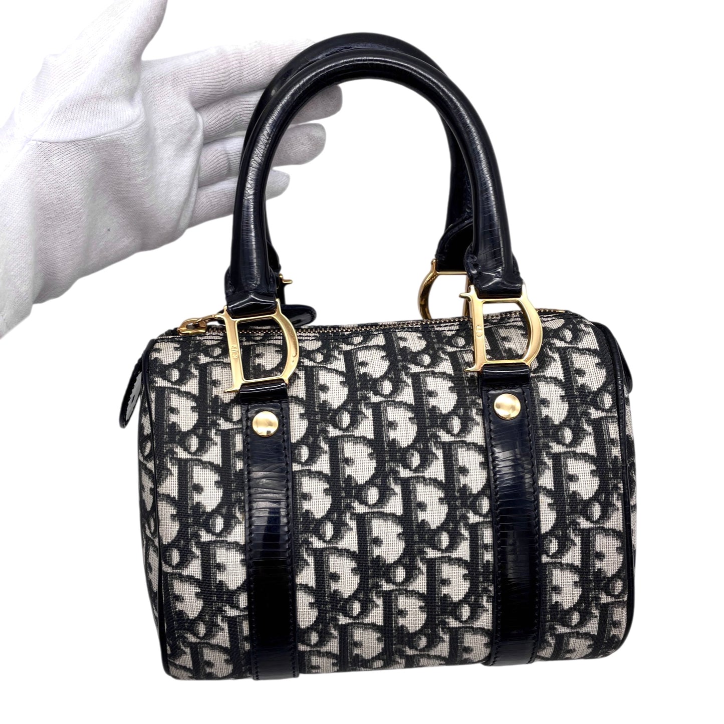 RARE☆☆☆CHRISTIAN DIOR 2002 Trotter PVC Mini Boston Handbag 20cm Black & Gold