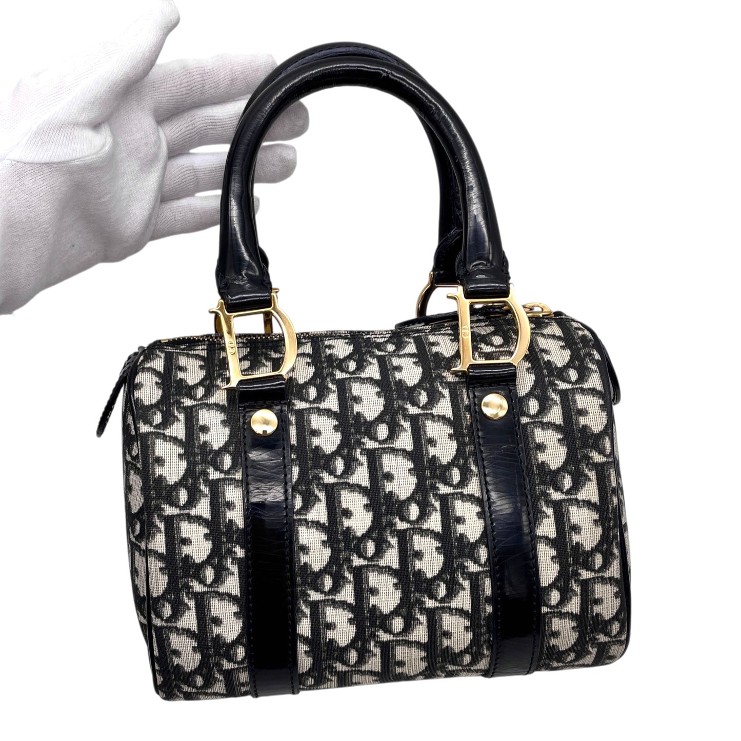 RARE☆☆☆CHRISTIAN DIOR 2002 Trotter PVC Mini Boston Handbag 20cm Black & Gold