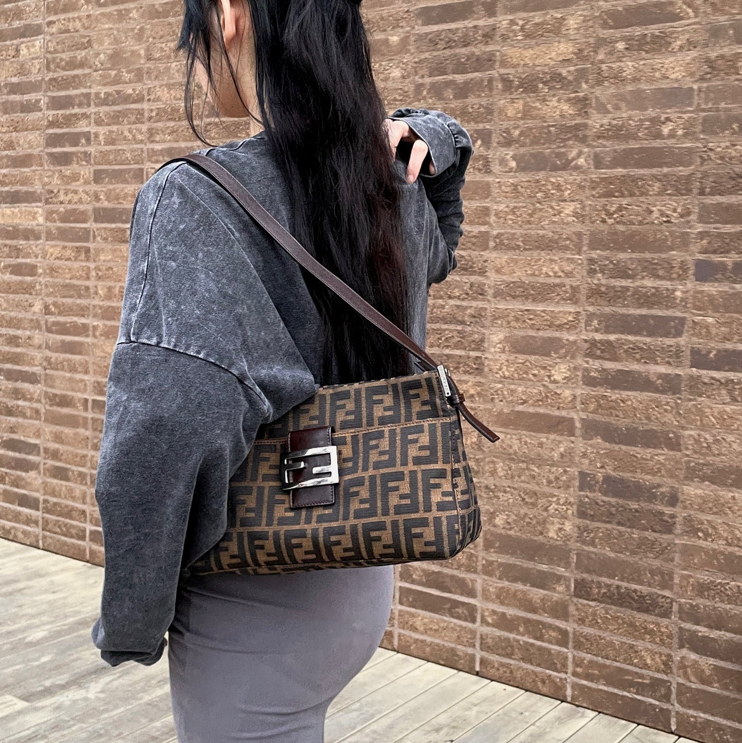 FENDI Zucca Canvas Zipper Closure Mamma Baguette Shoulder Bag Brown &amp; Silver