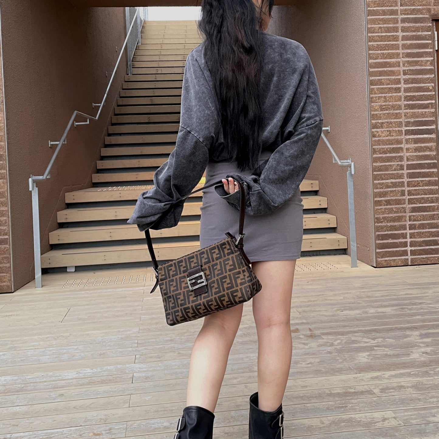 FENDI Zucca Canvas Zipper Closure Mamma Baguette Shoulder Bag Brown &amp; Silver