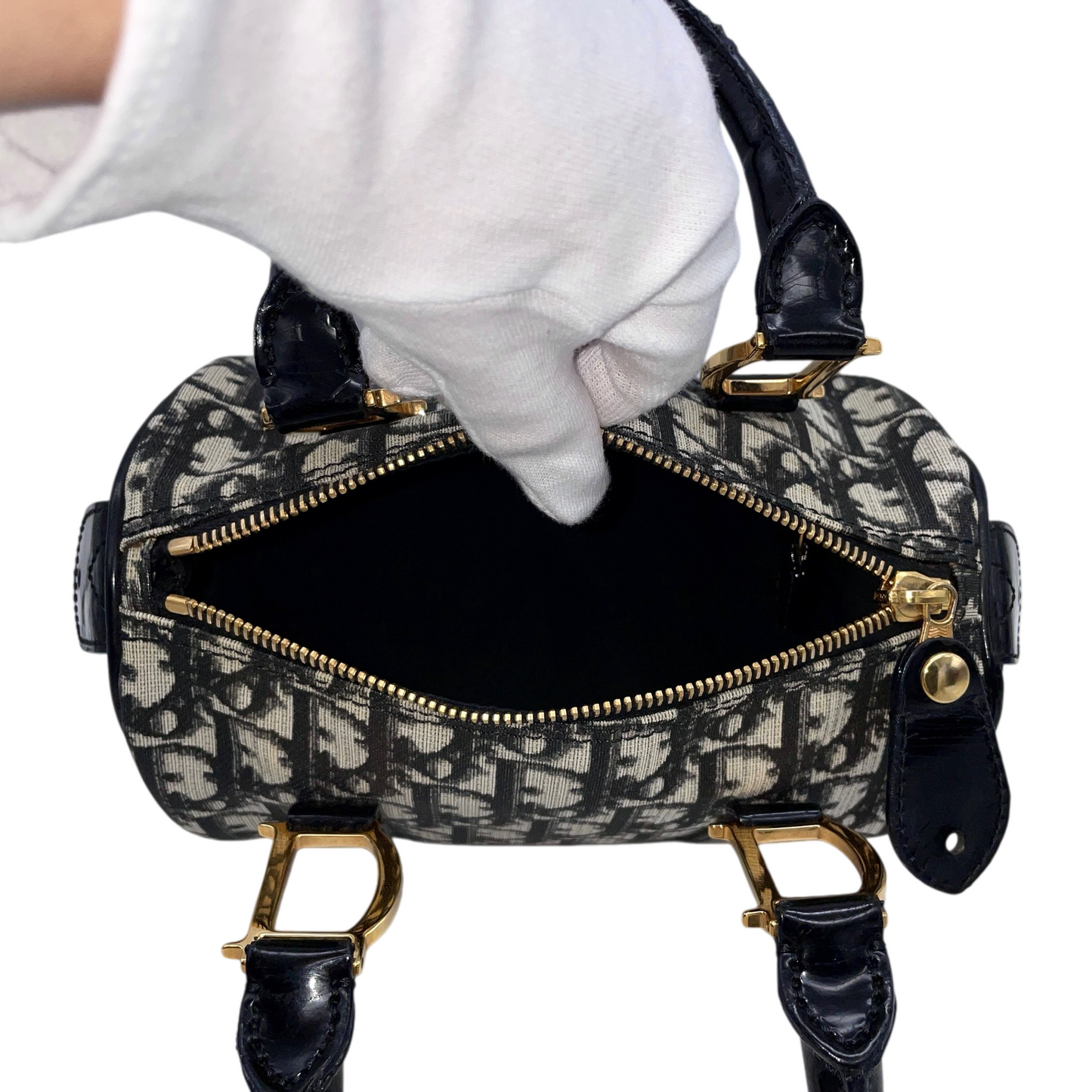 RARE☆☆☆CHRISTIAN DIOR 2002 Trotter PVC Mini Boston Handbag 20cm Black & Gold