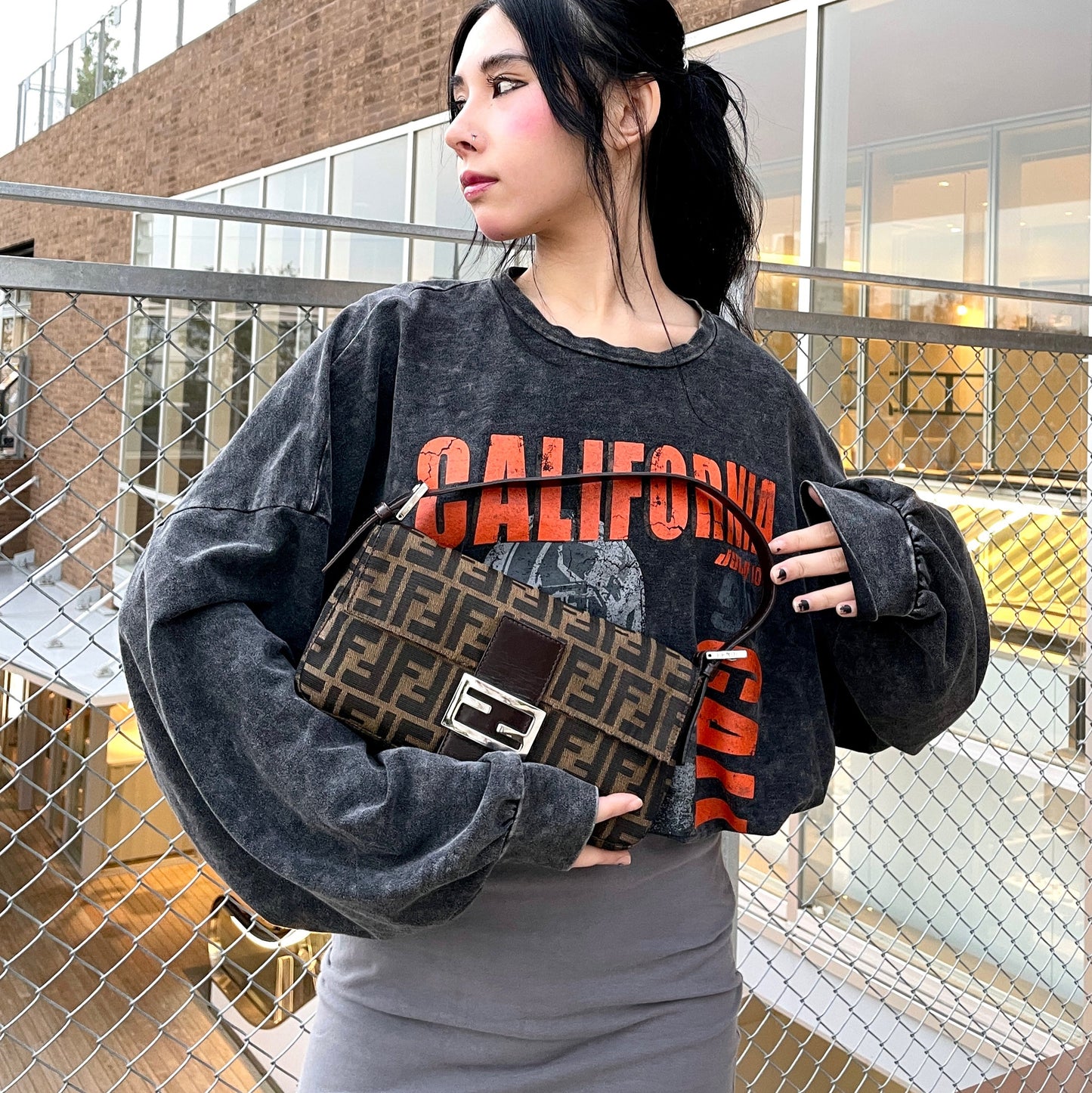 FENDI Zucca Canvas Mamma Baguette PM Shoulder Bag Brown &amp; Silver