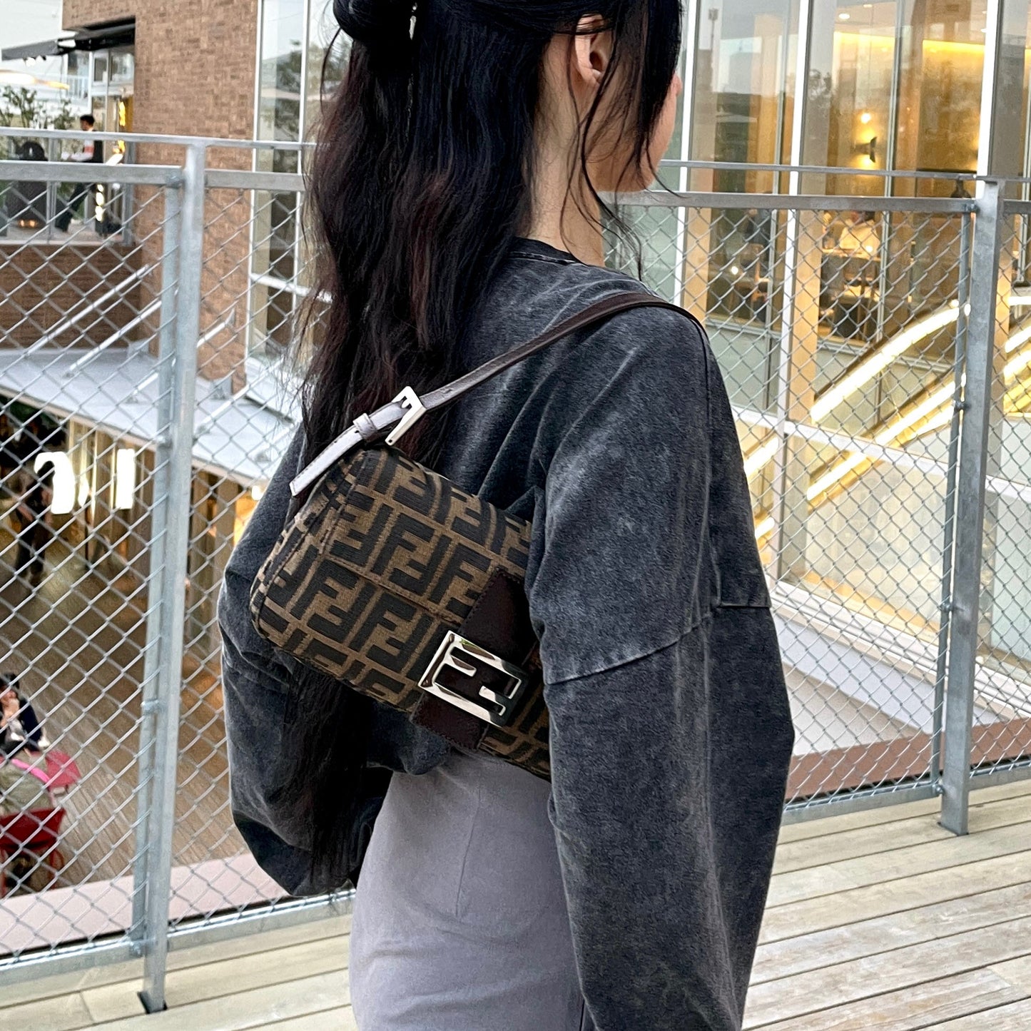 FENDI Zucca Canvas Mamma Baguette PM Shoulder Bag Brown &amp; Silver