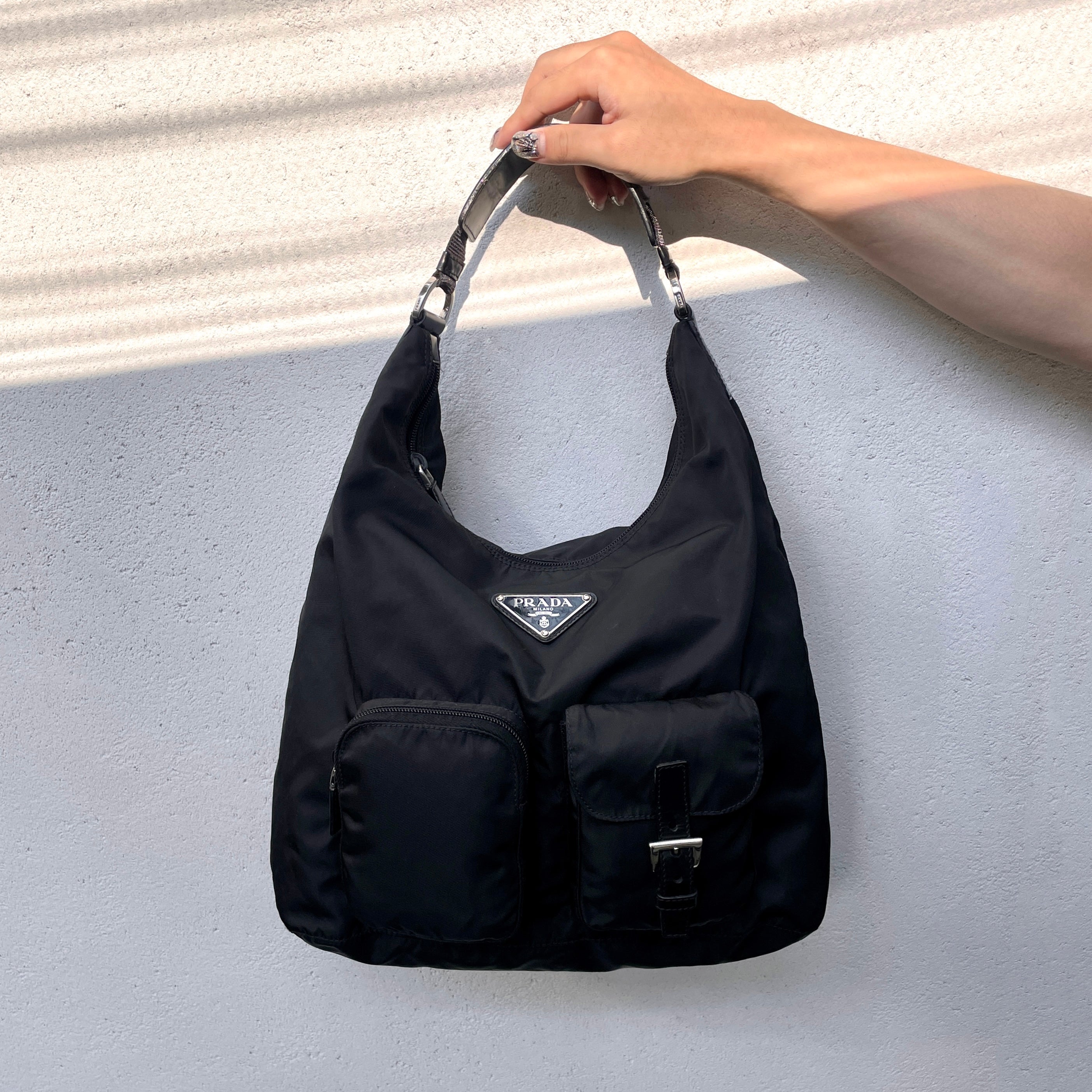 RAREPRADA Triangle LOGO Multi-Pockets Hobo Shoulder Bag Black & Si