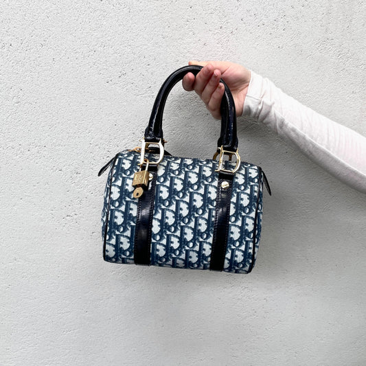 RARE☆☆☆CHRISTIAN DIOR 2002 Trotter PVC Mini Boston Hand Bag 20 cm Navy & Gold