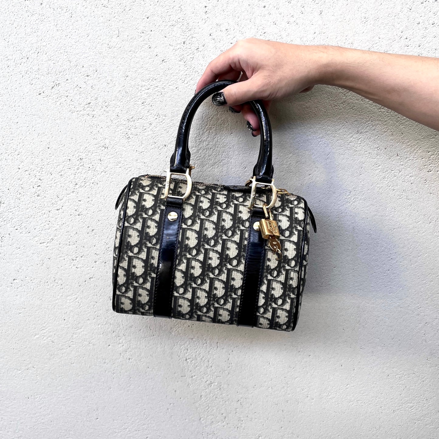 RARE☆☆☆CHRISTIAN DIOR 2002 Trotter PVC Mini Boston Handbag 20cm Black & Gold