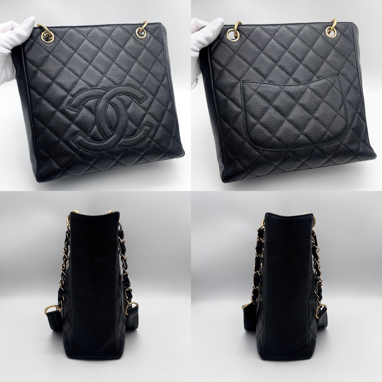 CHANEL Caviar Skin Matelasse PST Coco Mark Chain Shoulder Tote Bag Black GHW