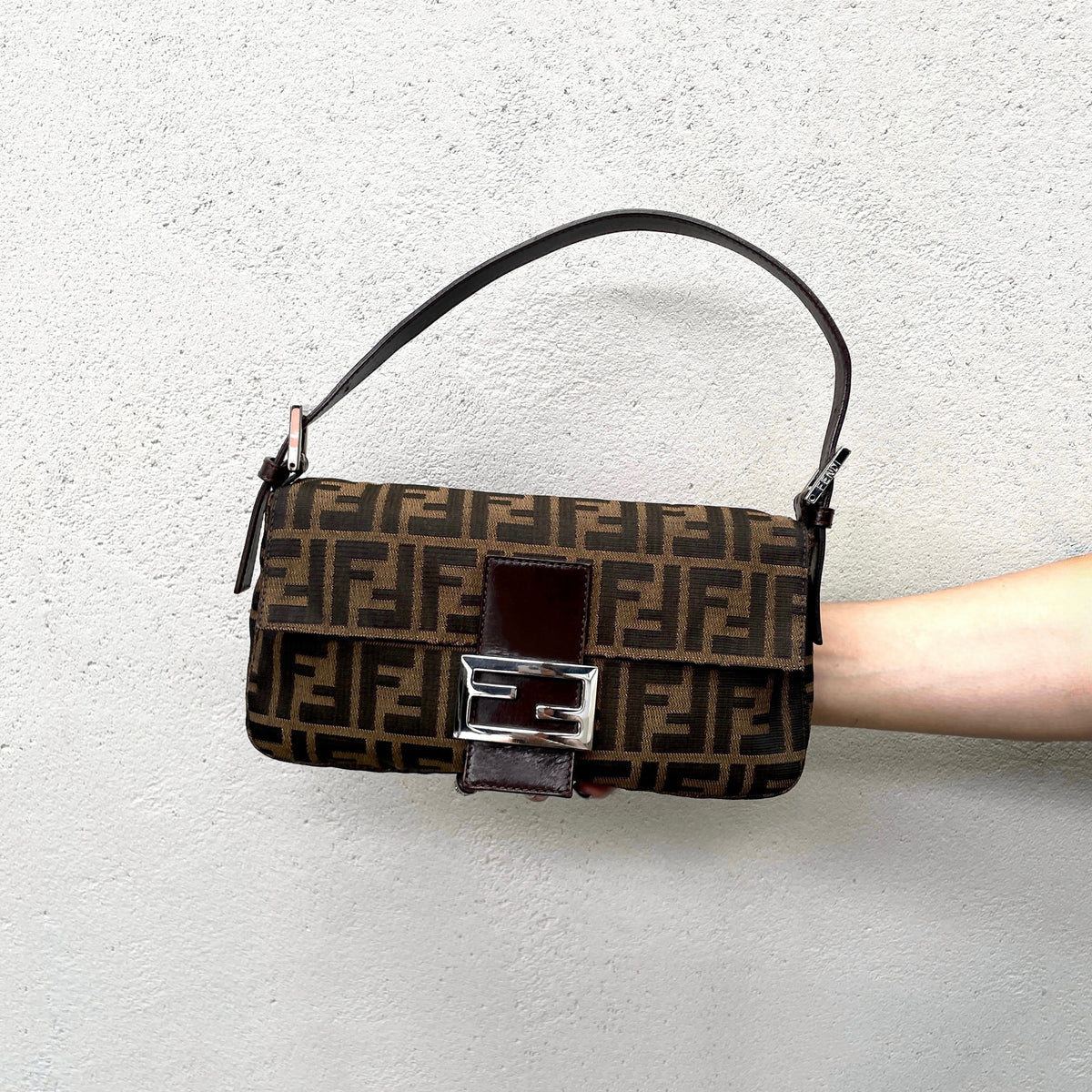 FENDI Classic Mamma Baguette Zucca Canvas Leather Shoulder Flap Bag Medium Brown Silver
