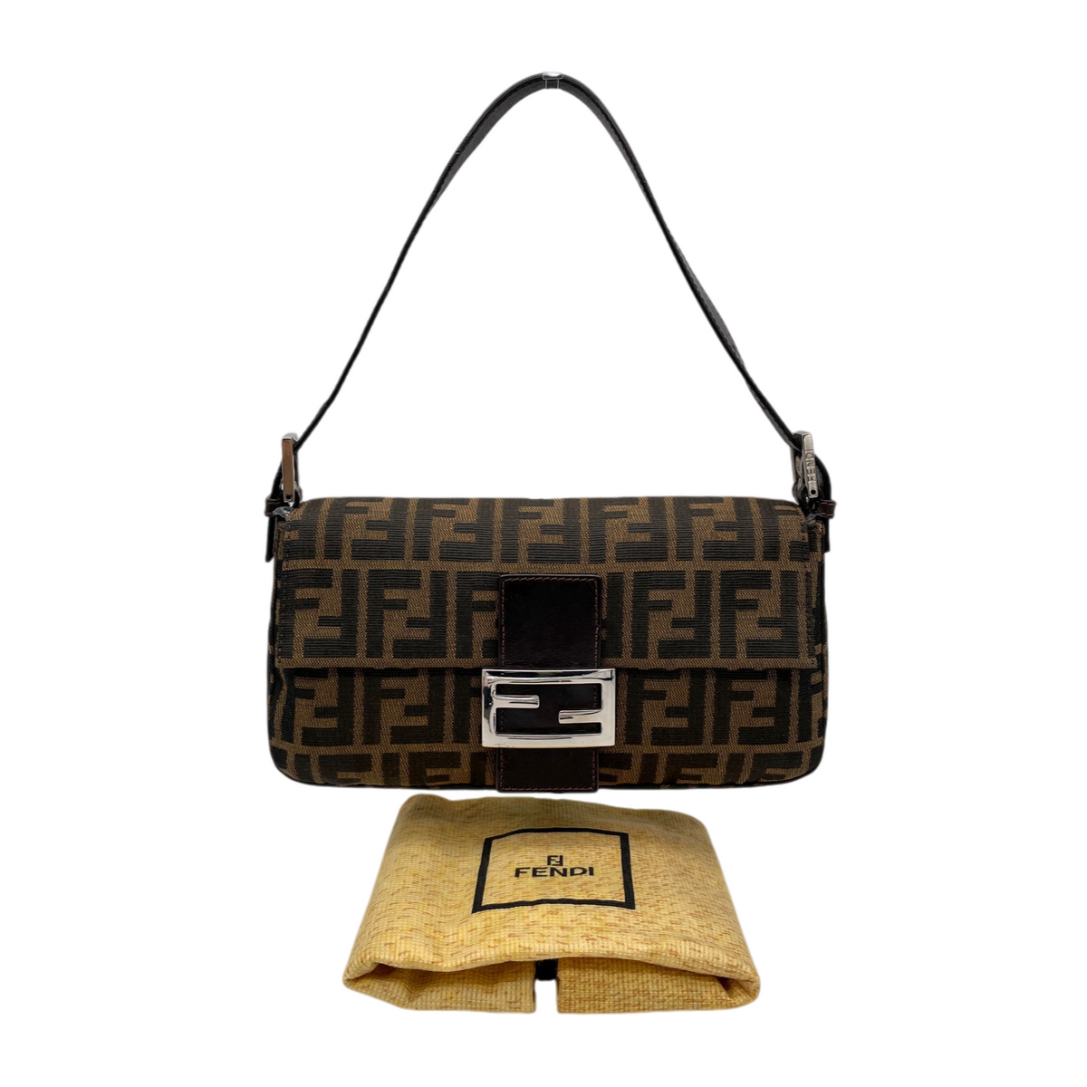 FENDI Classic Mamma Baguette Zucca Canvas Leather Shoulder Flap Bag Medium Brown Silver