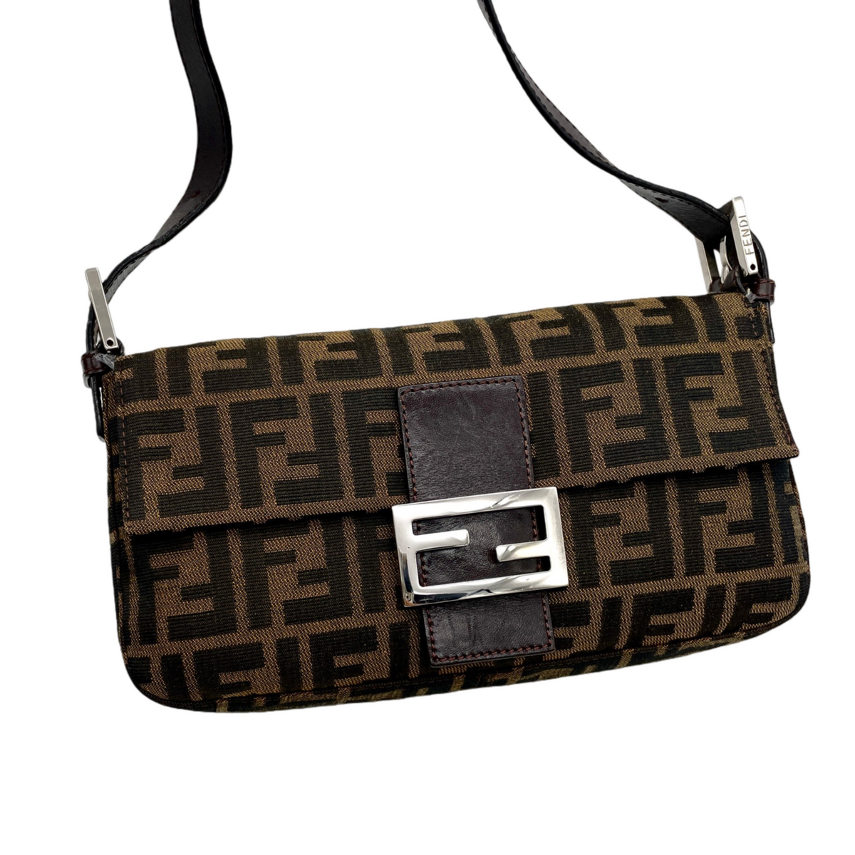 FENDI Classic Mamma Baguette Zucca Canvas Leather Shoulder Flap Bag Medium Brown Silver