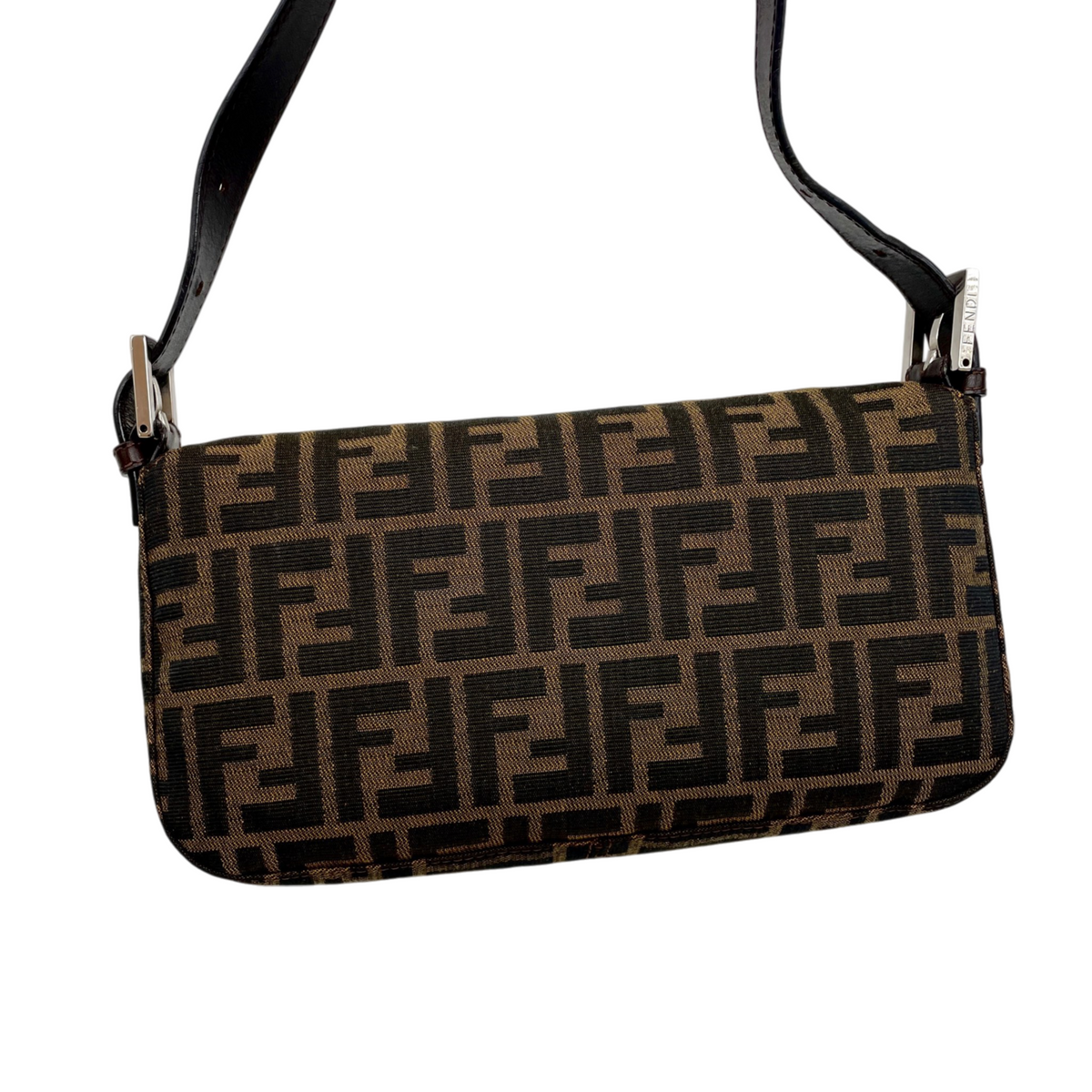 FENDI Classic Mamma Baguette Zucca Canvas Leather Shoulder Flap Bag Medium Brown Silver
