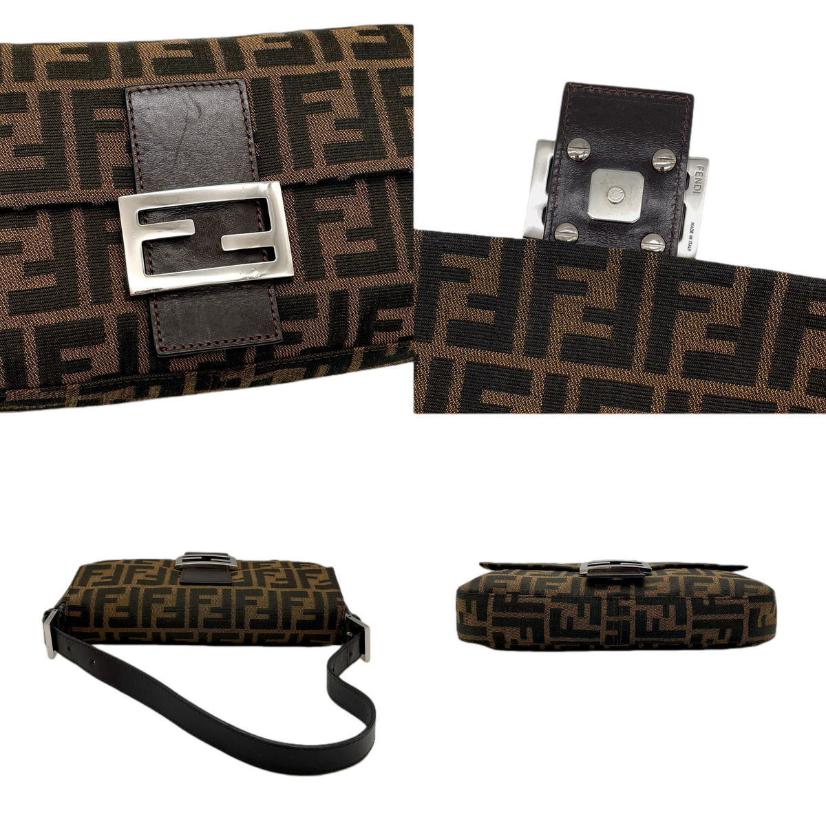 FENDI Classic Mamma Baguette Zucca Canvas Leather Shoulder Flap Bag Medium Brown Silver