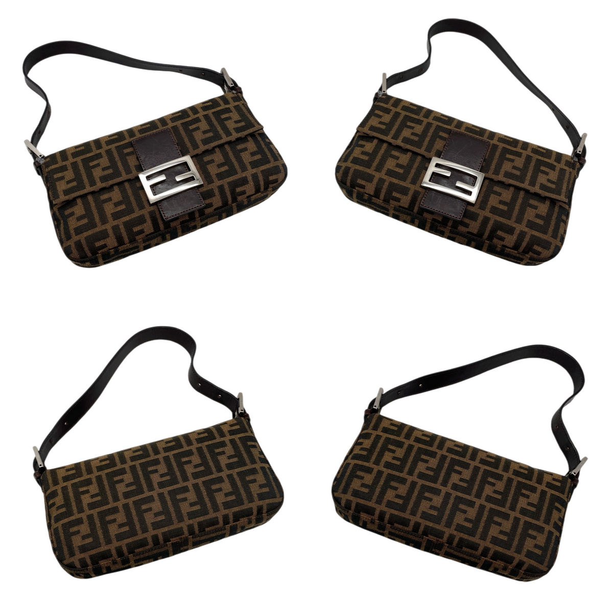 FENDI Classic Mamma Baguette Zucca Canvas Leather Shoulder Flap Bag Medium Brown Silver